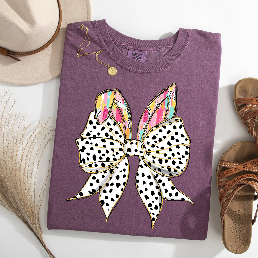 Coquette Dalmatian Print Rabbit Ears Ribbon Bows Easter Bunny Jesus Rabbit Holiday Comfort Colors Tee