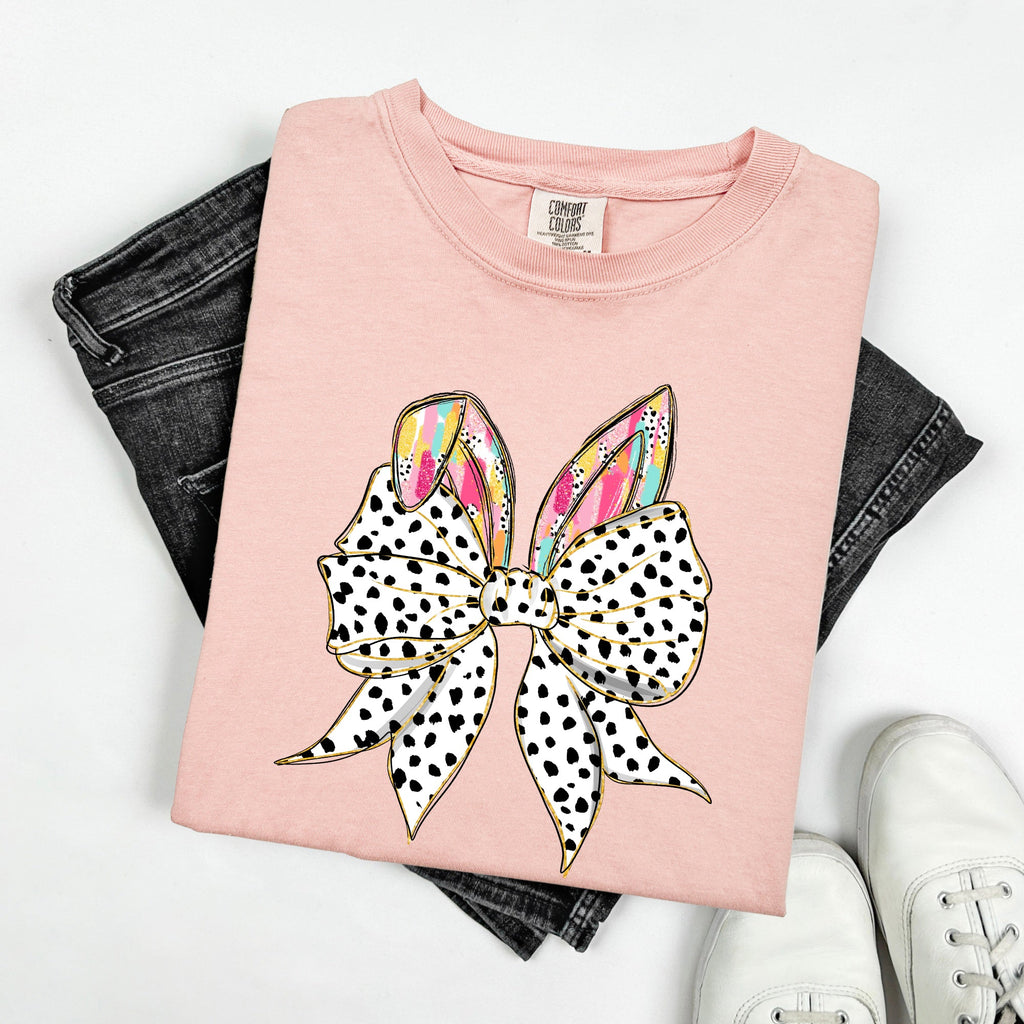 Coquette Dalmatian Print Rabbit Ears Ribbon Bows Easter Bunny Jesus Rabbit Holiday Comfort Colors Tee