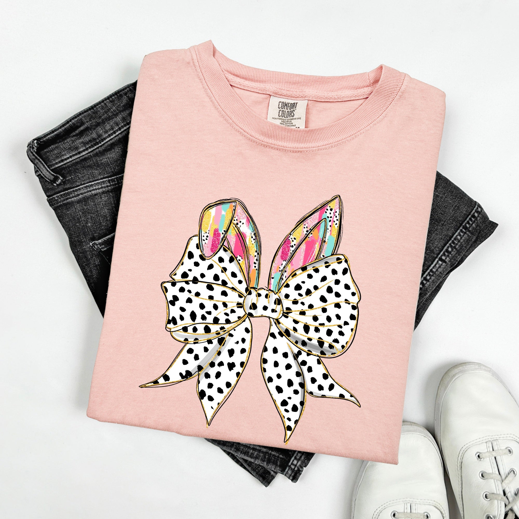 Coquette Dalmatian Print Rabbit Ears Ribbon Bows Easter Bunny Jesus Rabbit Holiday Comfort Colors Tee