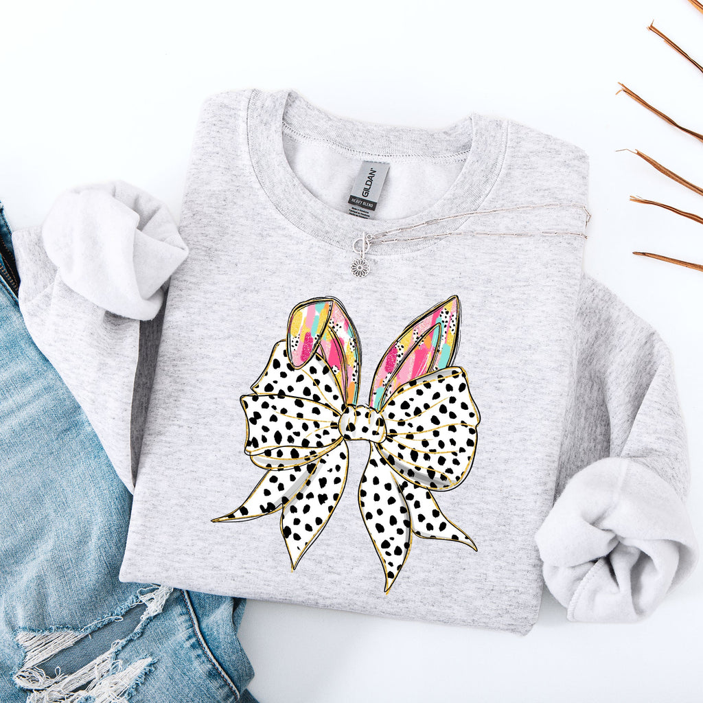 Coquette Dalmatian Print Rabbit Ears Ribbon Bows Easter Bunny Jesus Holiday Sweatshirt
