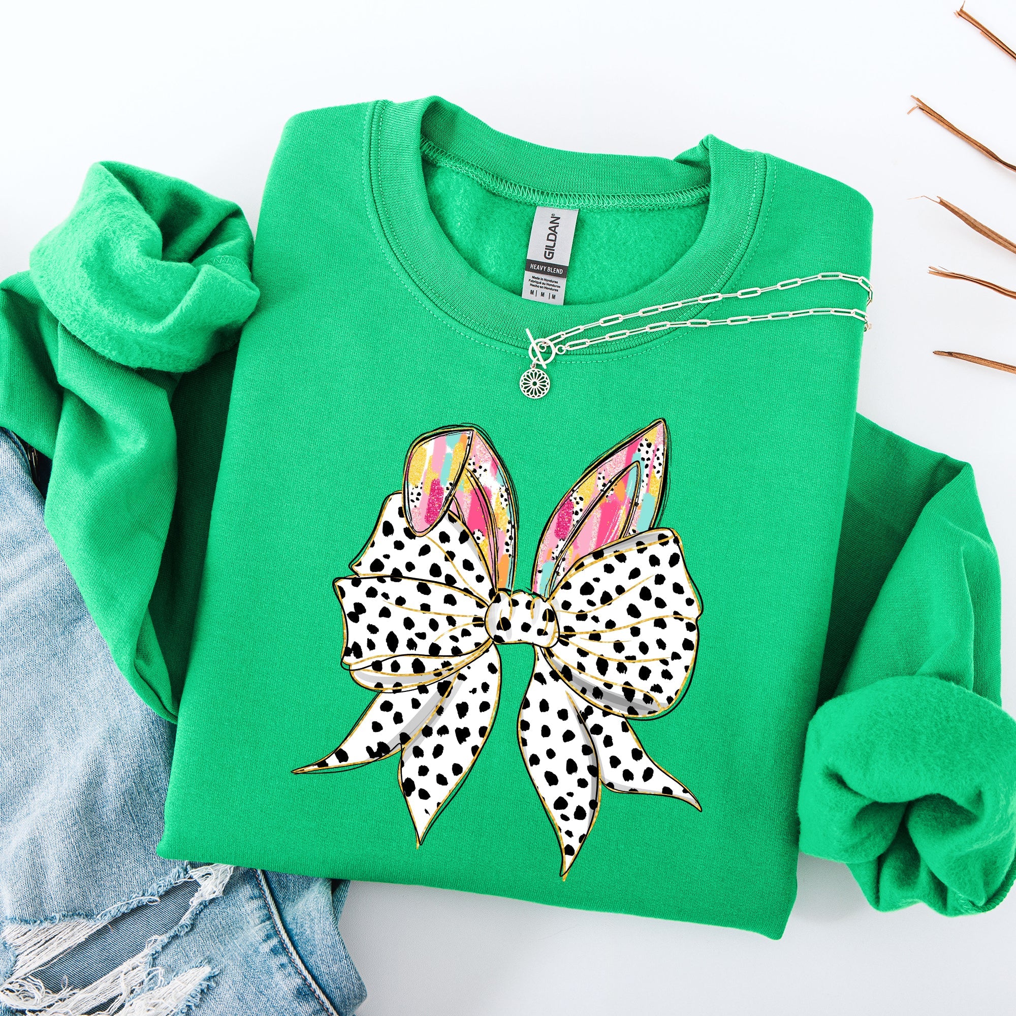 Coquette Dalmatian Print Rabbit Ears Ribbon Bows Easter Bunny Jesus Holiday Sweatshirt