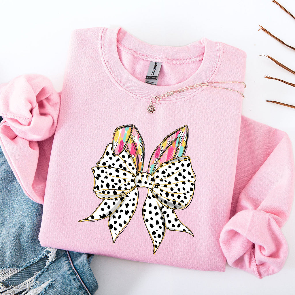 Coquette Dalmatian Print Rabbit Ears Ribbon Bows Easter Bunny Jesus Holiday Sweatshirt