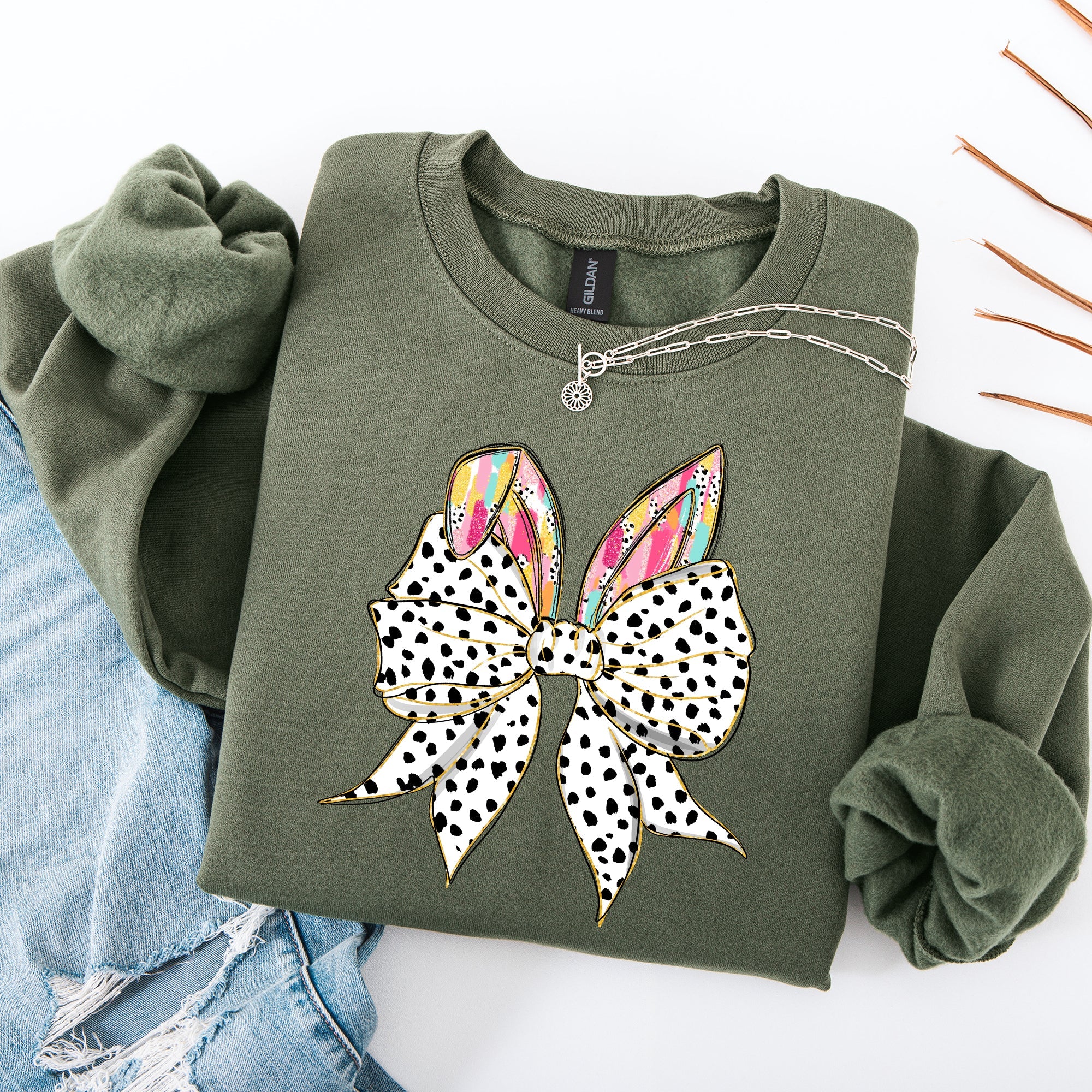Coquette Dalmatian Print Rabbit Ears Ribbon Bows Easter Bunny Jesus Holiday Sweatshirt