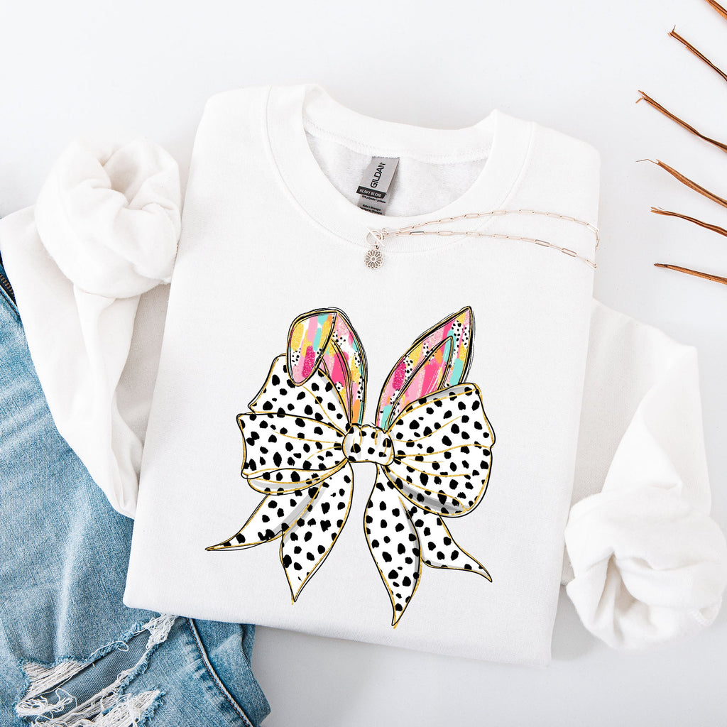 Coquette Dalmatian Print Rabbit Ears Ribbon Bows Easter Bunny Jesus Holiday Sweatshirt