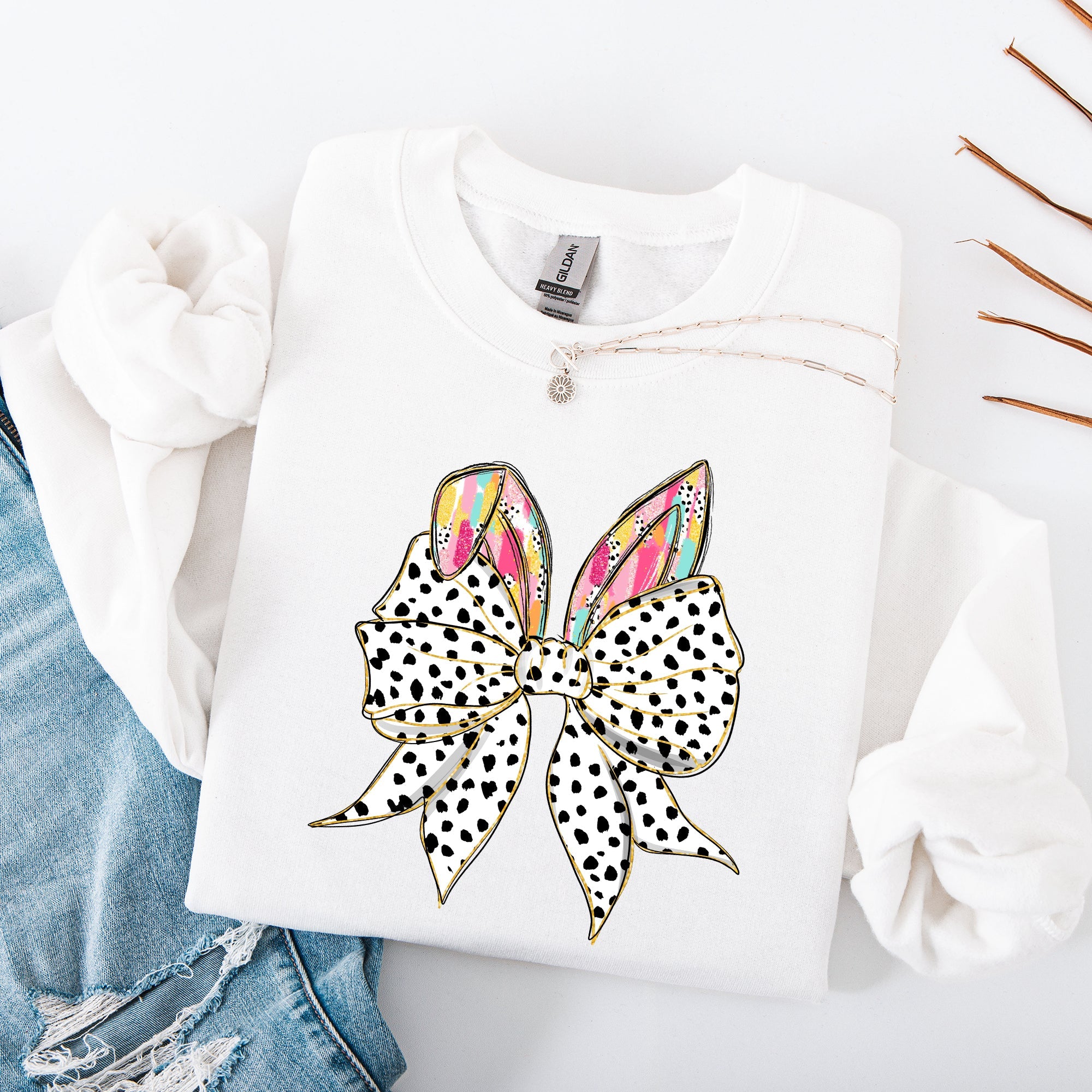 Coquette Dalmatian Print Rabbit Ears Ribbon Bows Easter Bunny Jesus Holiday Sweatshirt