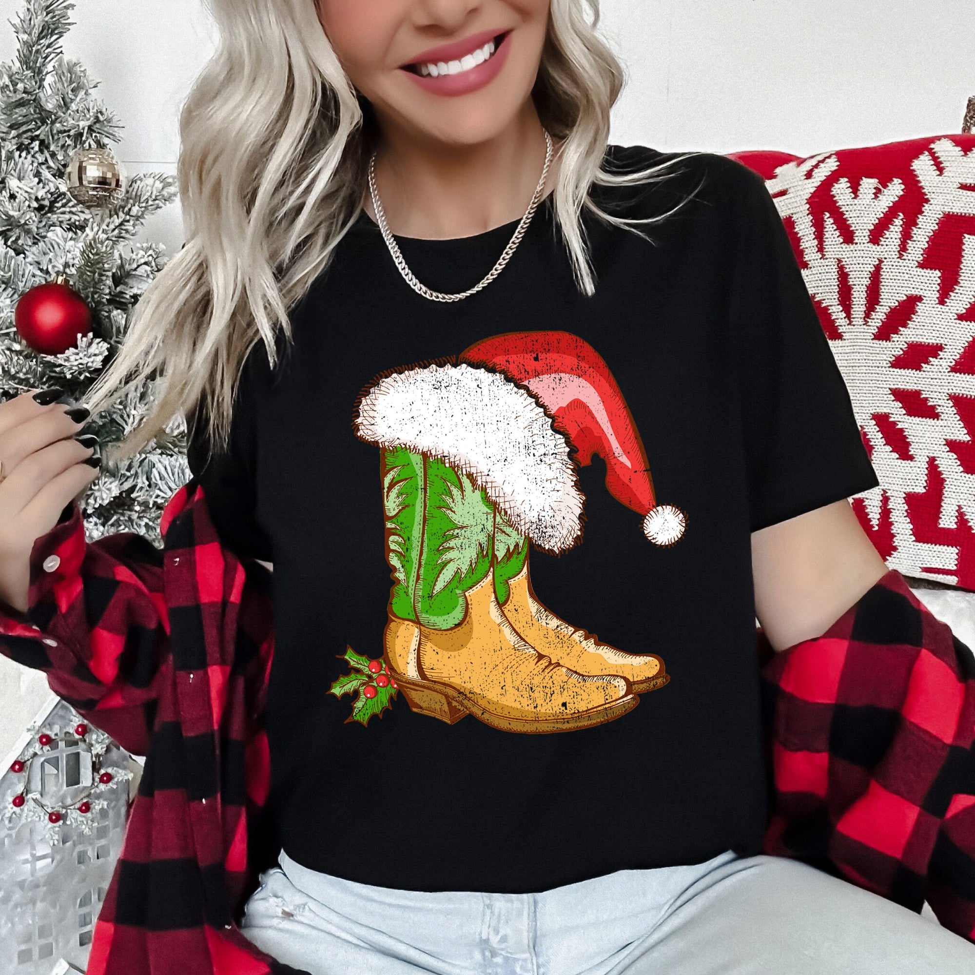 Country Christmas Cowboy Boots Santa Hat Western Holiday Festive Cozy Graphic Tee