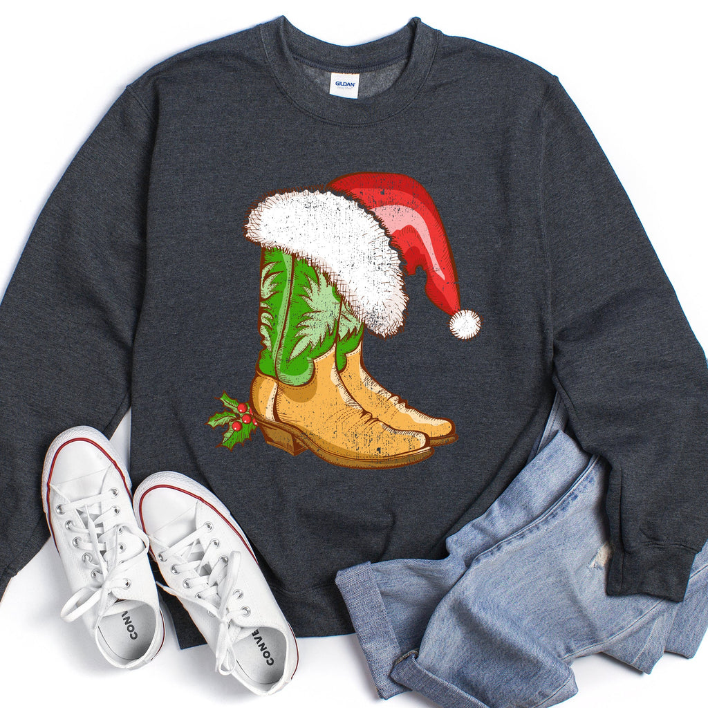 Country Christmas Cowboy Boots Cozy Fleece Western Holiday Graphic Print Sweatshirt