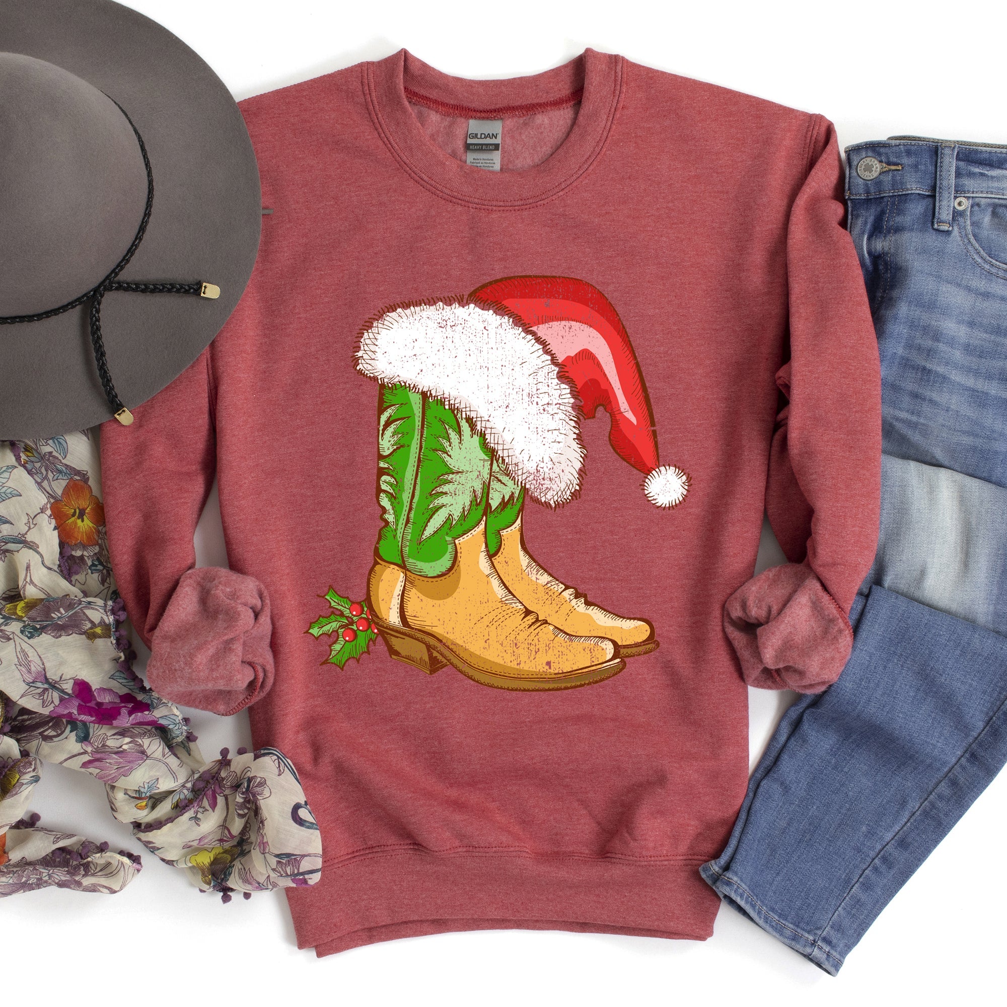 Country Christmas Cowboy Boots Cozy Fleece Western Holiday Graphic Print Sweatshirt
