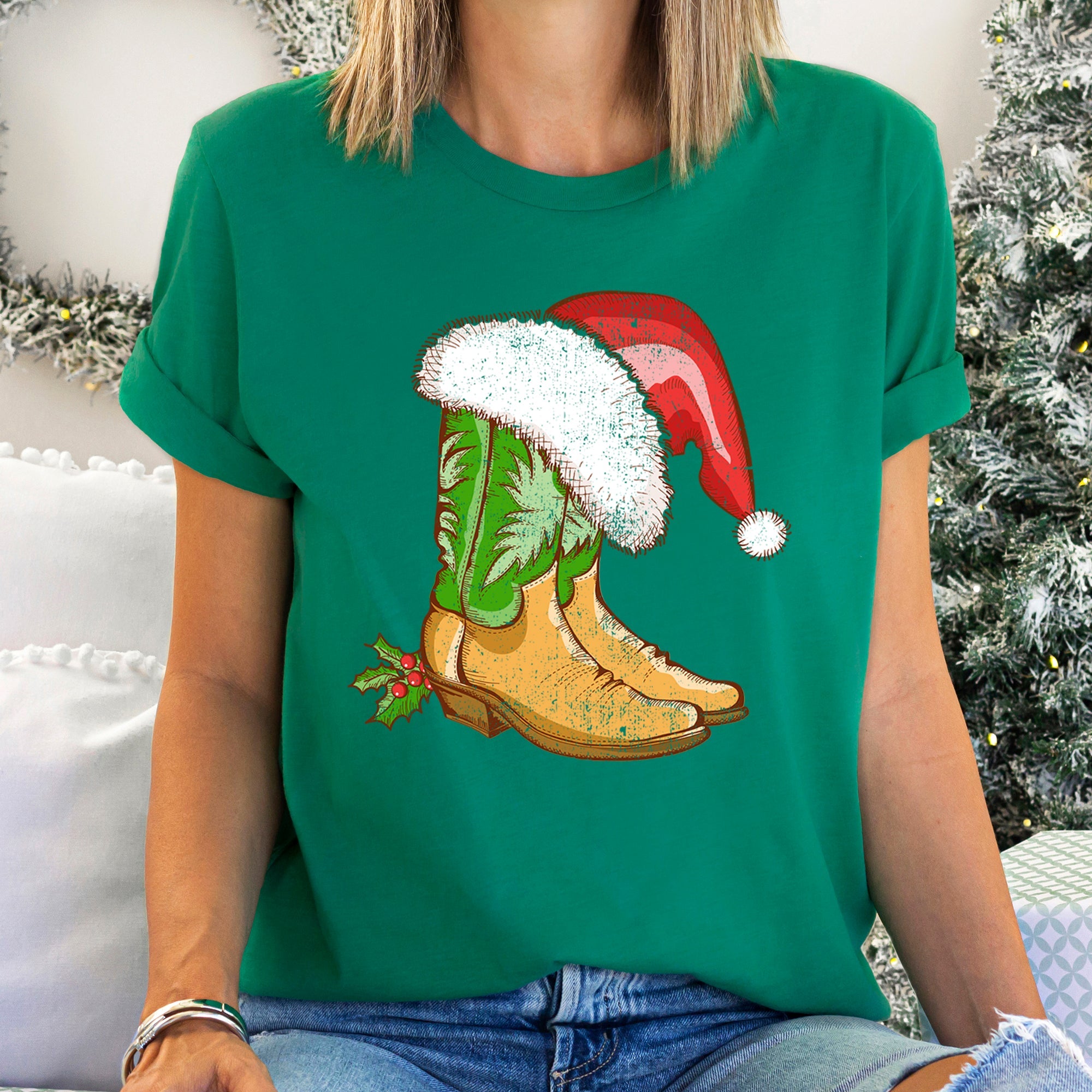 Country Christmas Cowboy Boots Santa Hat Western Holiday Festive Cozy Graphic Tee