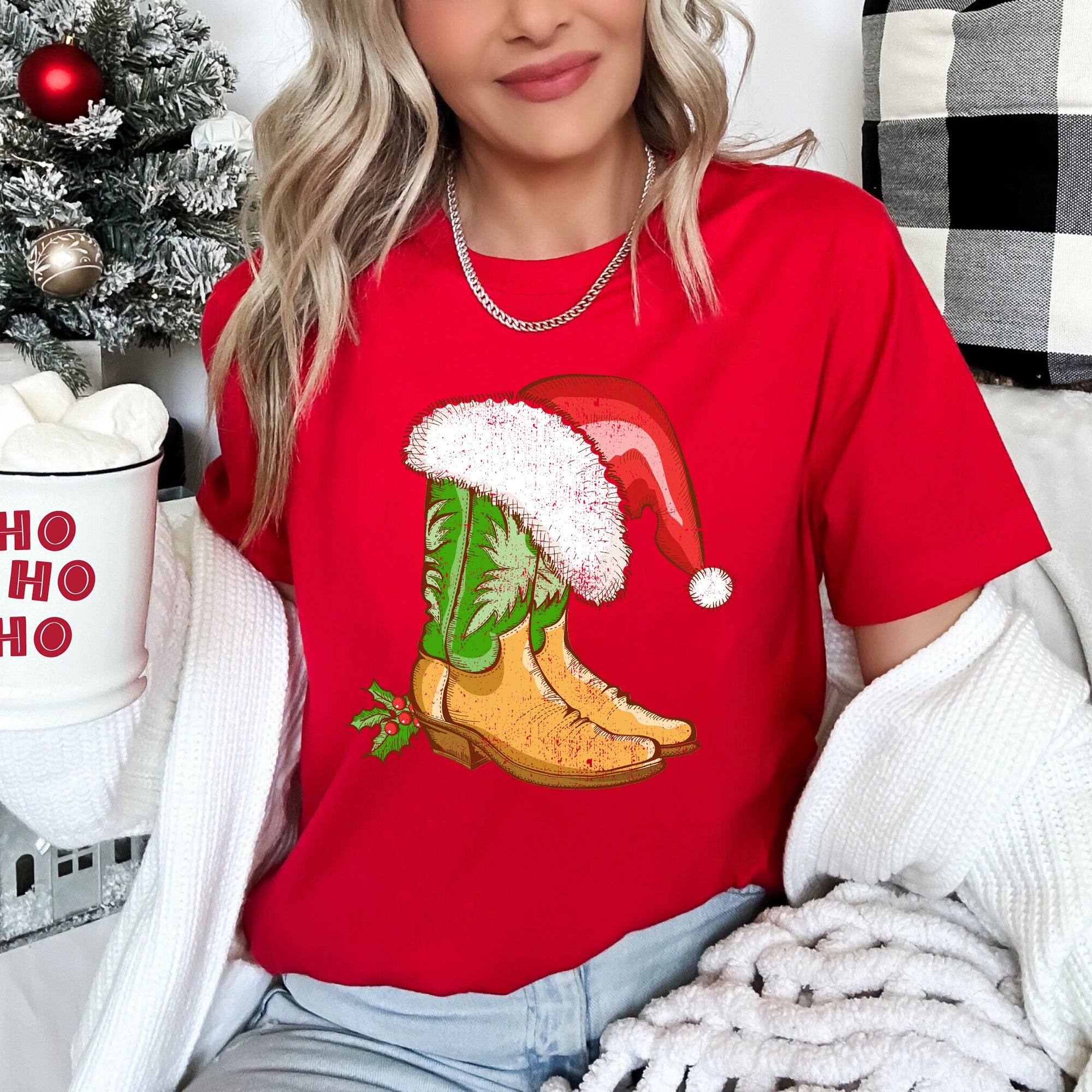Country Christmas Cowboy Boots Santa Hat Western Holiday Festive Cozy Graphic Tee
