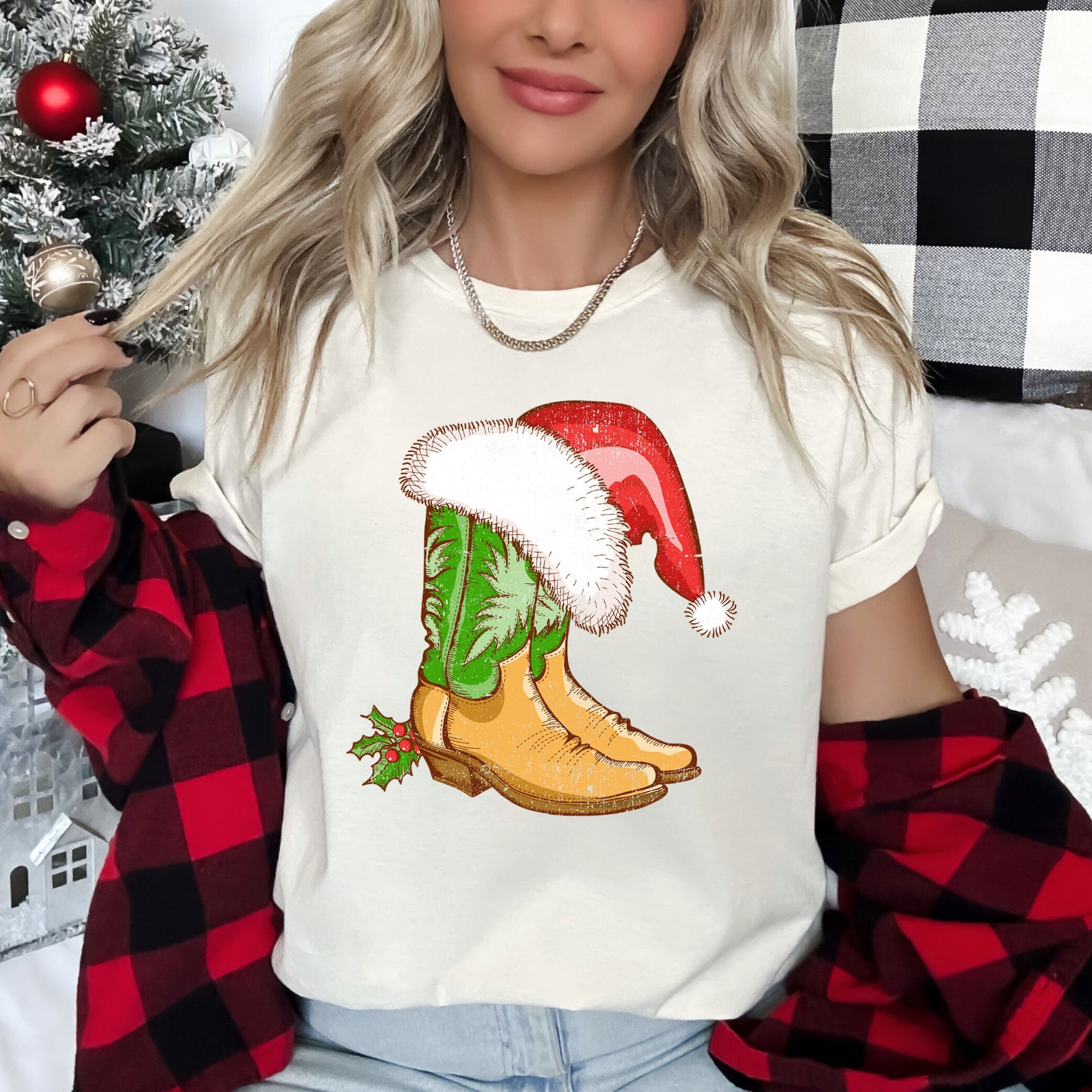 Country Christmas Cowboy Boots Santa Hat Western Holiday Festive Cozy Graphic Tee