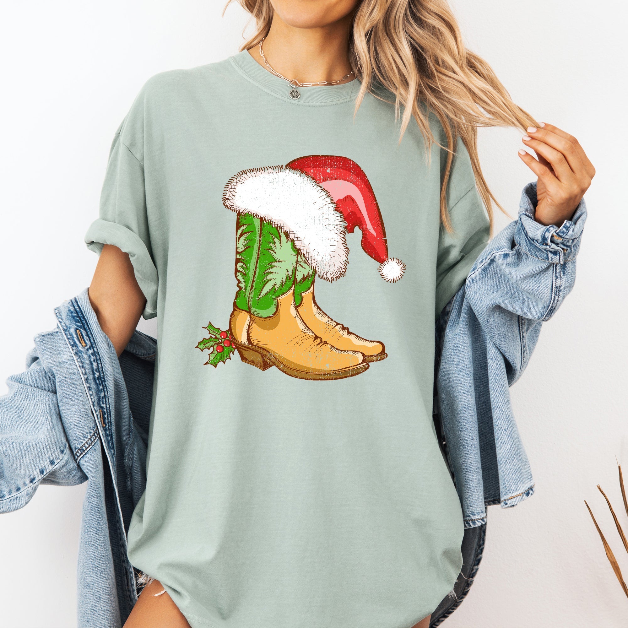 Cowboy Boots Christmas Santa Country Western Xmas Holiday Edition Comfort Colors Tee