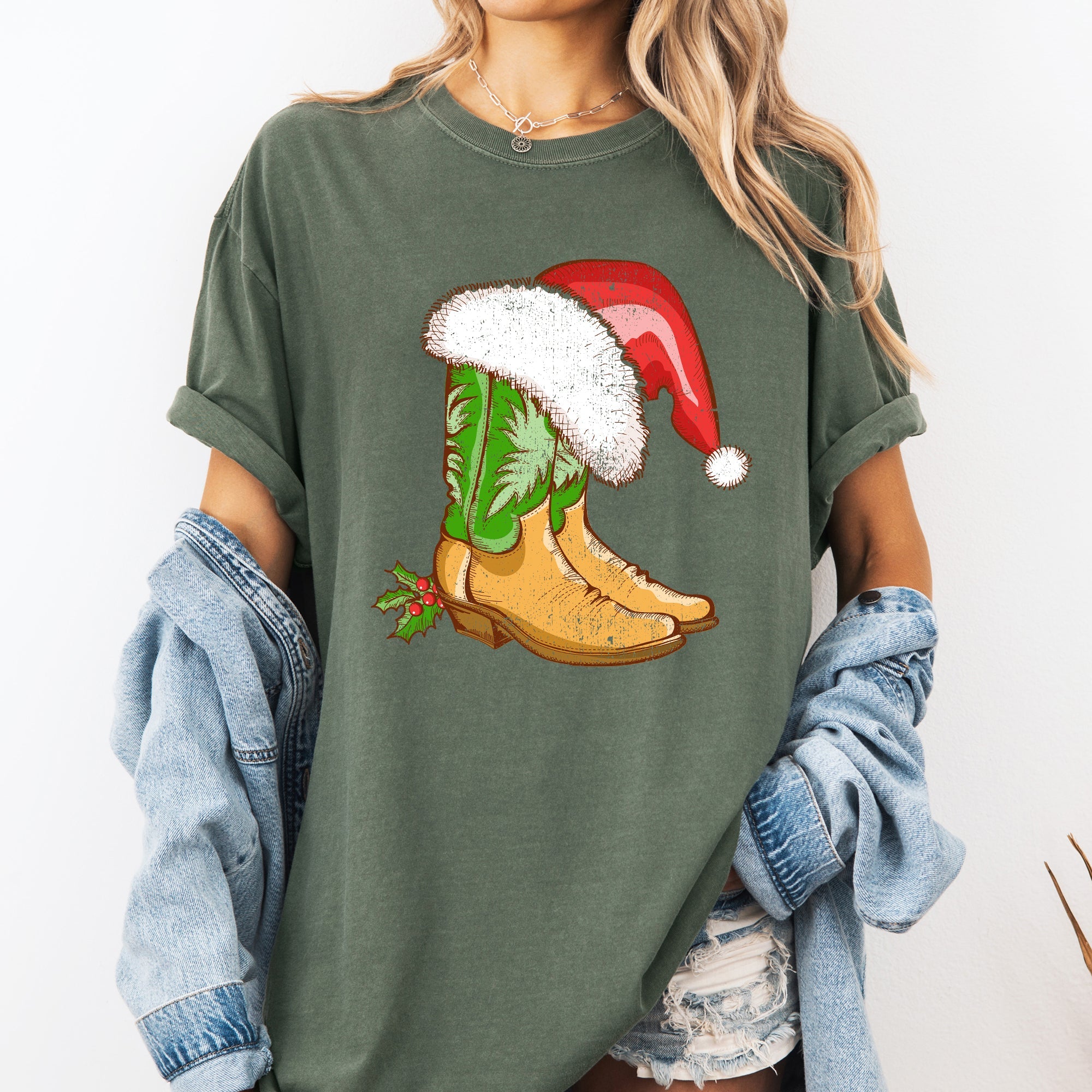 Cowboy Boots Christmas Santa Country Western Xmas Holiday Edition Comfort Colors Tee