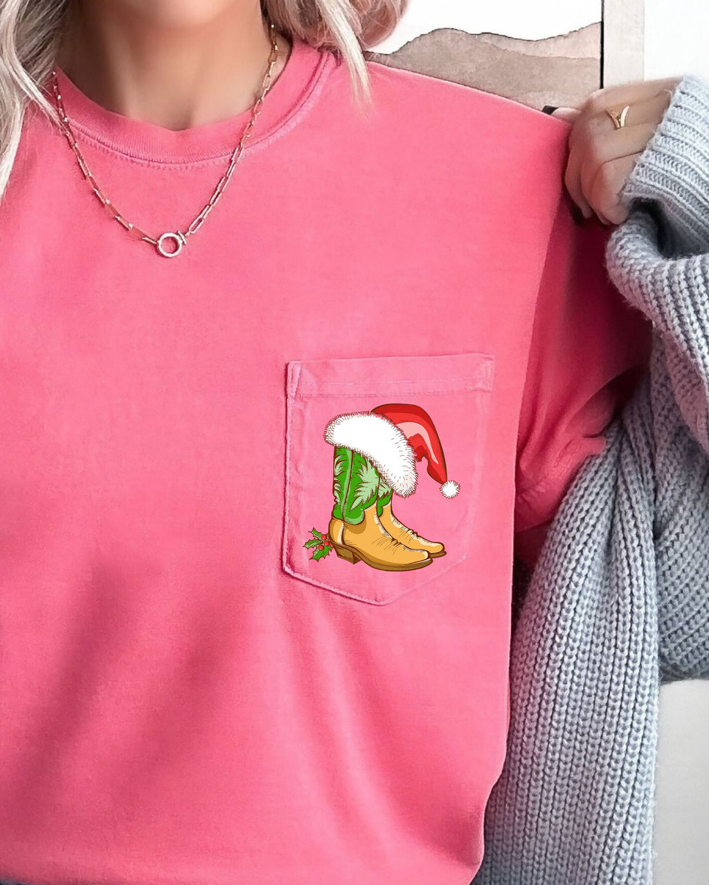 Cowboy Boots Pocket Santa Holly Cowgirl Western Christmas Snow Winter Xmas Comfort Colors Tee