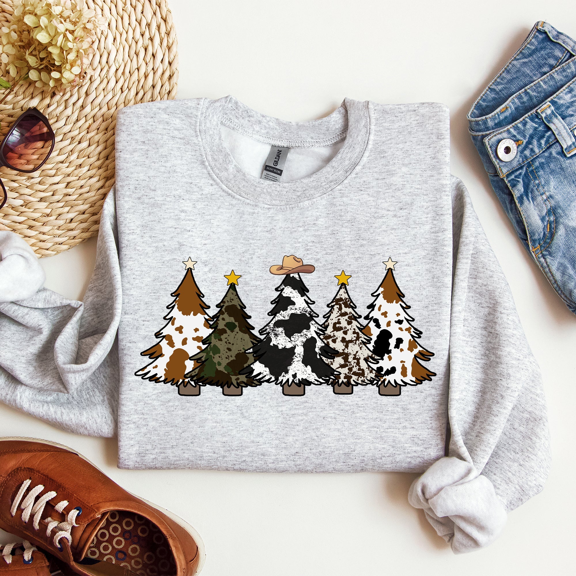 Cowboy Christmas Trees Winter Snow Santa Holiday Ranch Scene With Frosty Pines And Rustic Lodge Details Sweatshirt