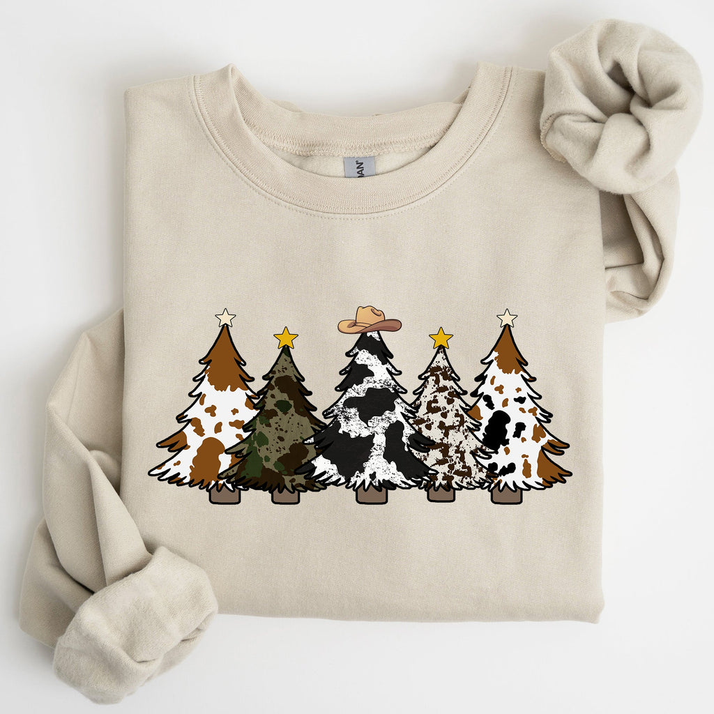 Cowboy Christmas Trees Winter Snow Santa Holiday Ranch Scene With Frosty Pines And Rustic Lodge Details Sweatshirt