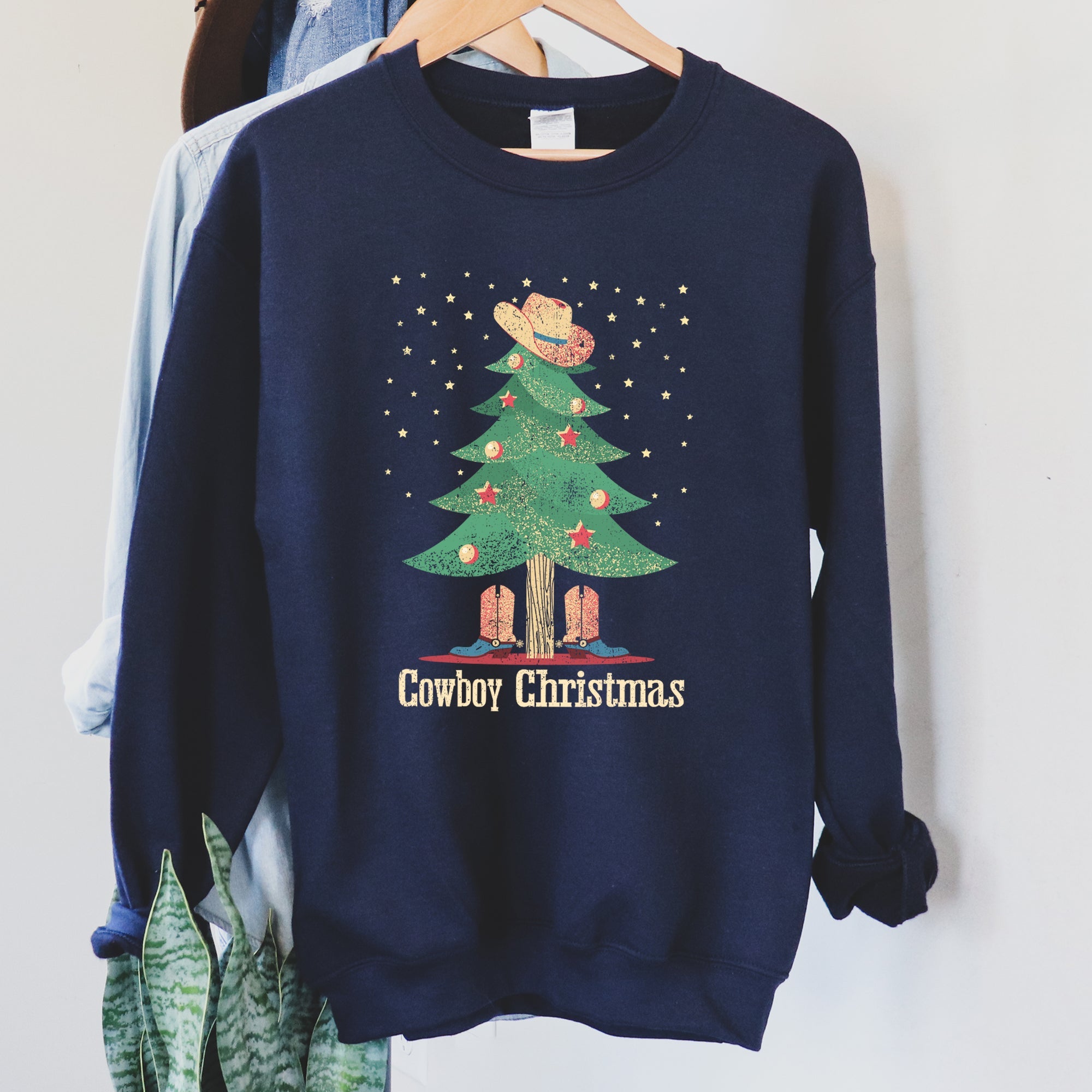 Cowboy Christmas Boots Festive Western Holiday Graphic Design Scene Cozy Sweatshirt