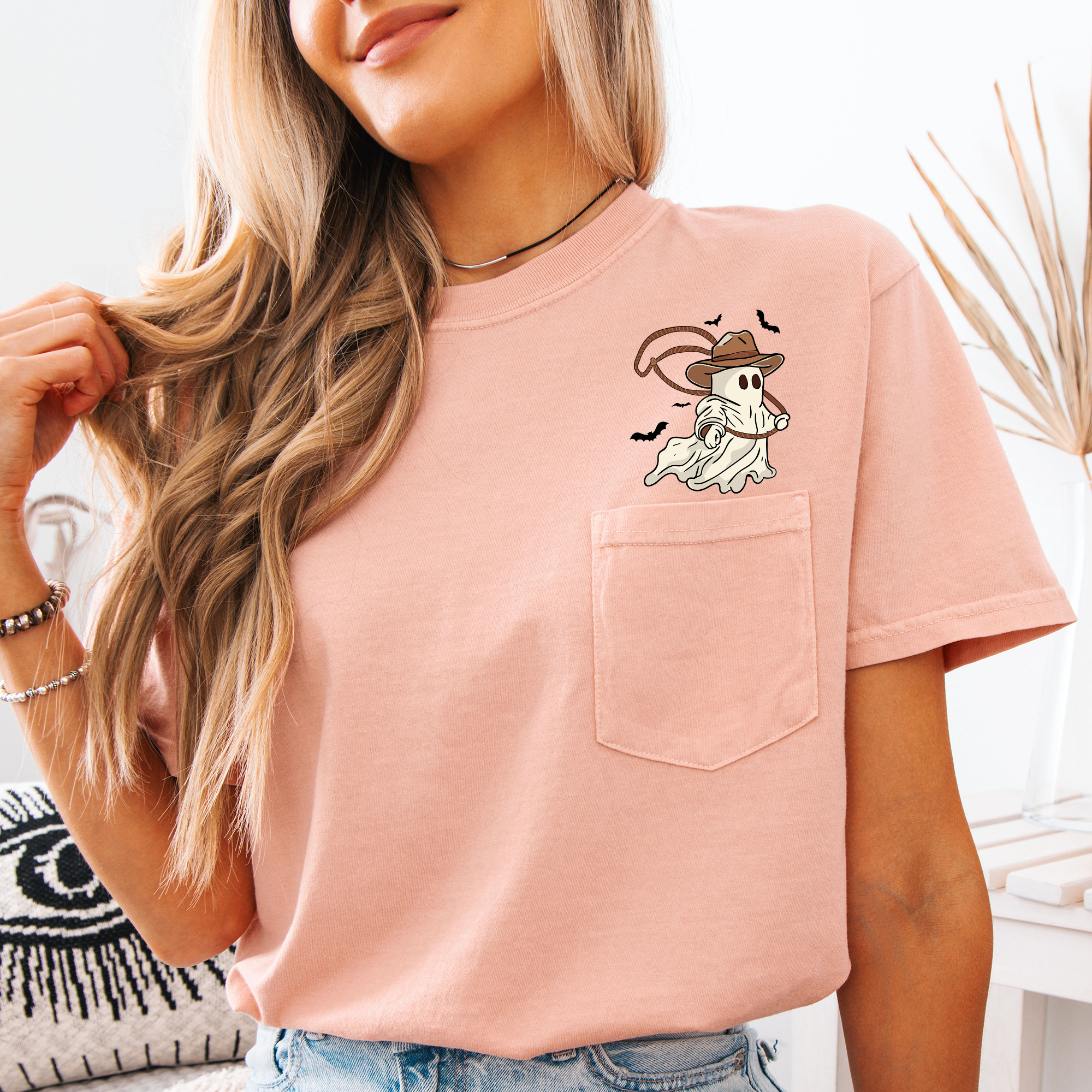 Cowboy Ghost Lasso Halloween Western Country Pocket Art Design Illustration Comfort Colors Tee