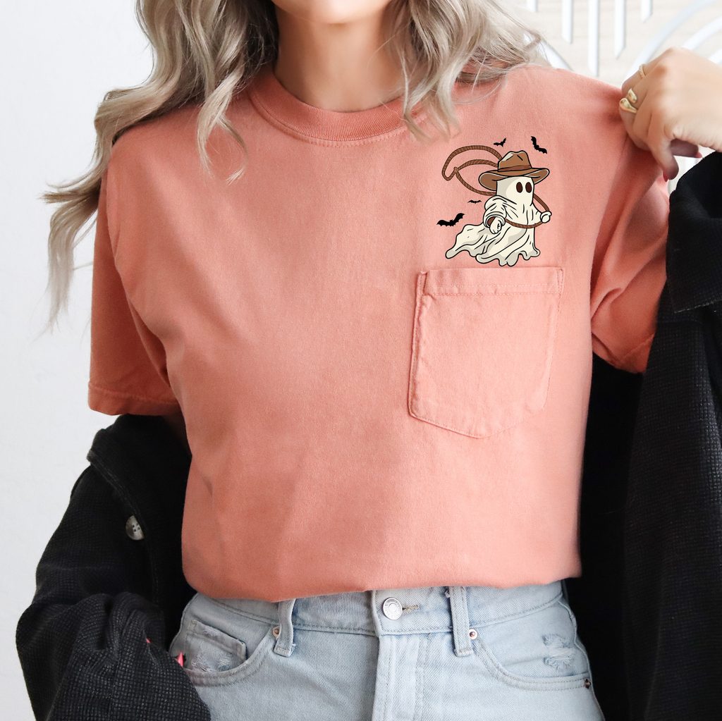 Cowboy Ghost Lasso Halloween Western Country Pocket Art Design Illustration Comfort Colors Tee
