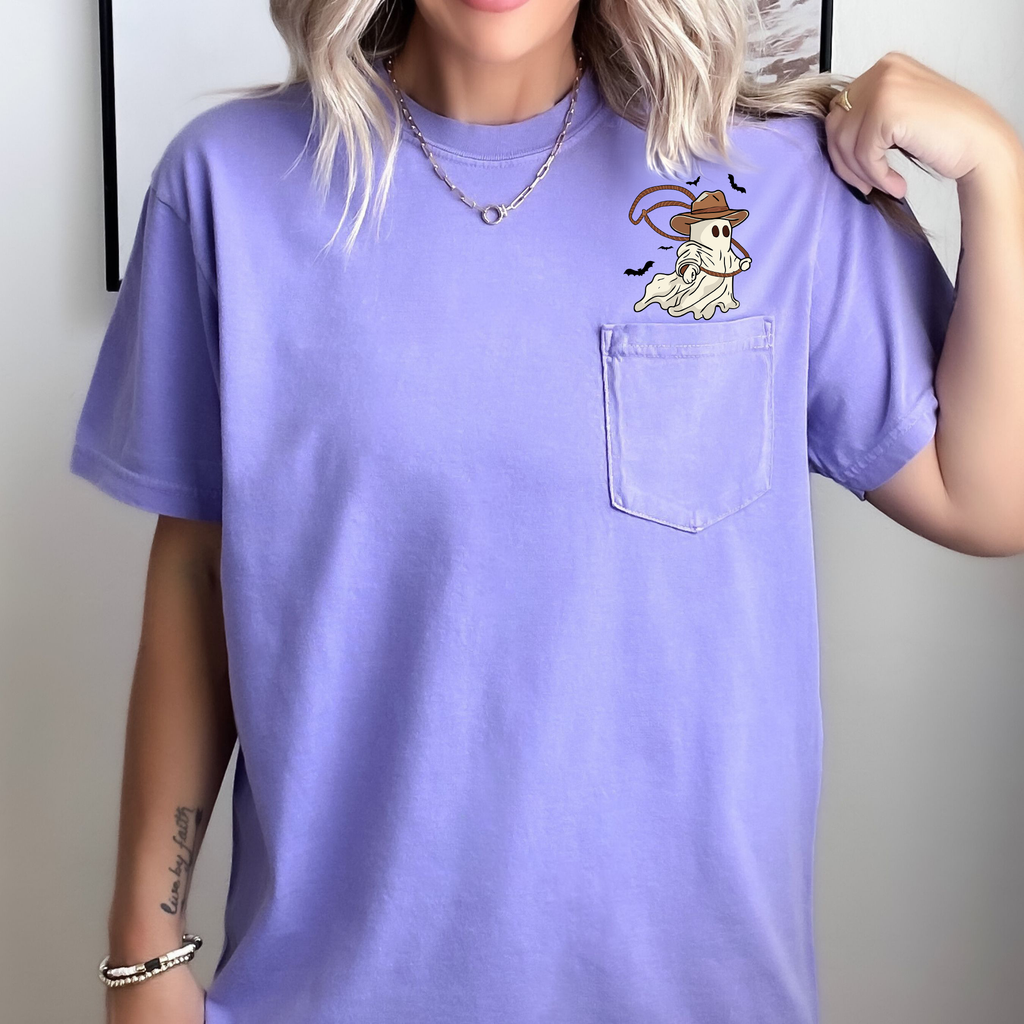 Cowboy Ghost Lasso Halloween Western Country Pocket Art Design Illustration Comfort Colors Tee