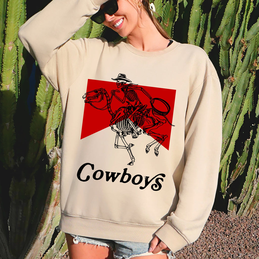 Cowboys Skeleton Horse Western Country Scene With Bold Vintage Graphic Sweatshirt
