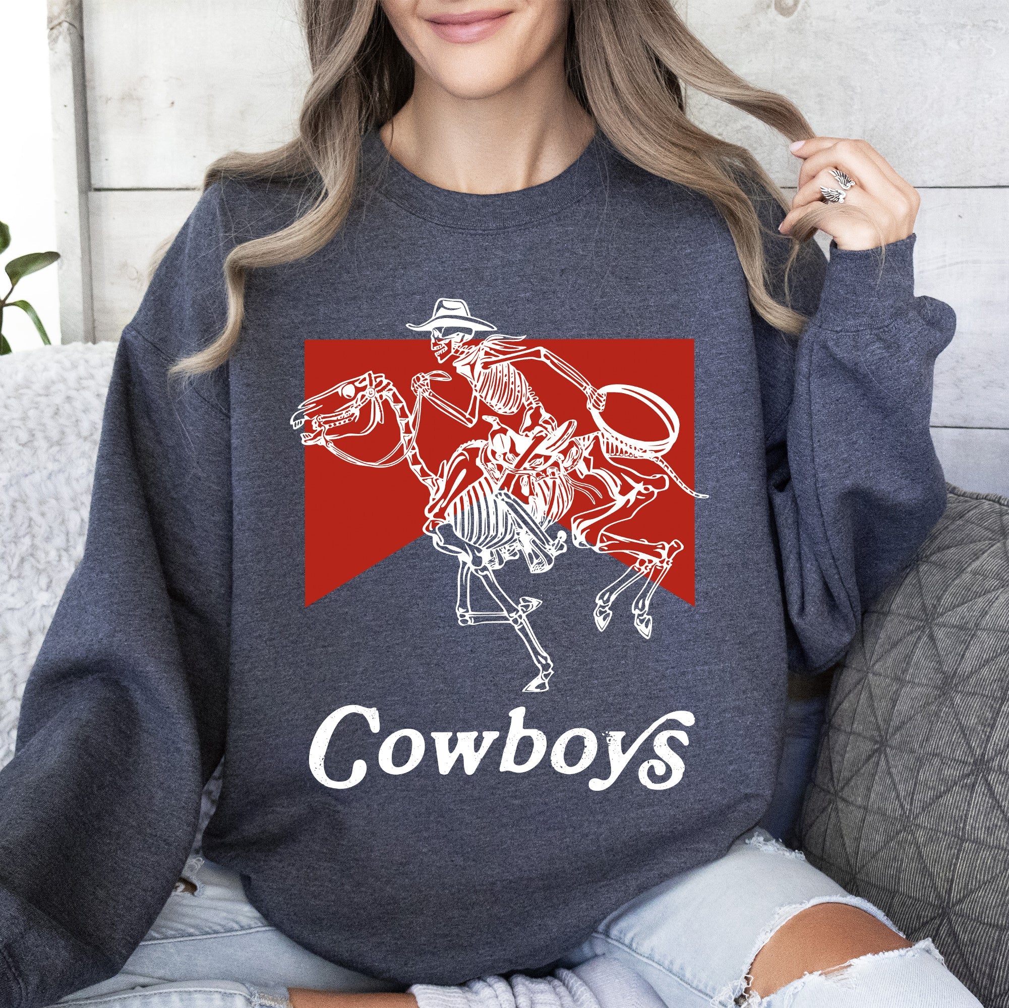 Cowboys Skeleton Horse Western Country Scene With Bold Vintage Graphic Sweatshirt