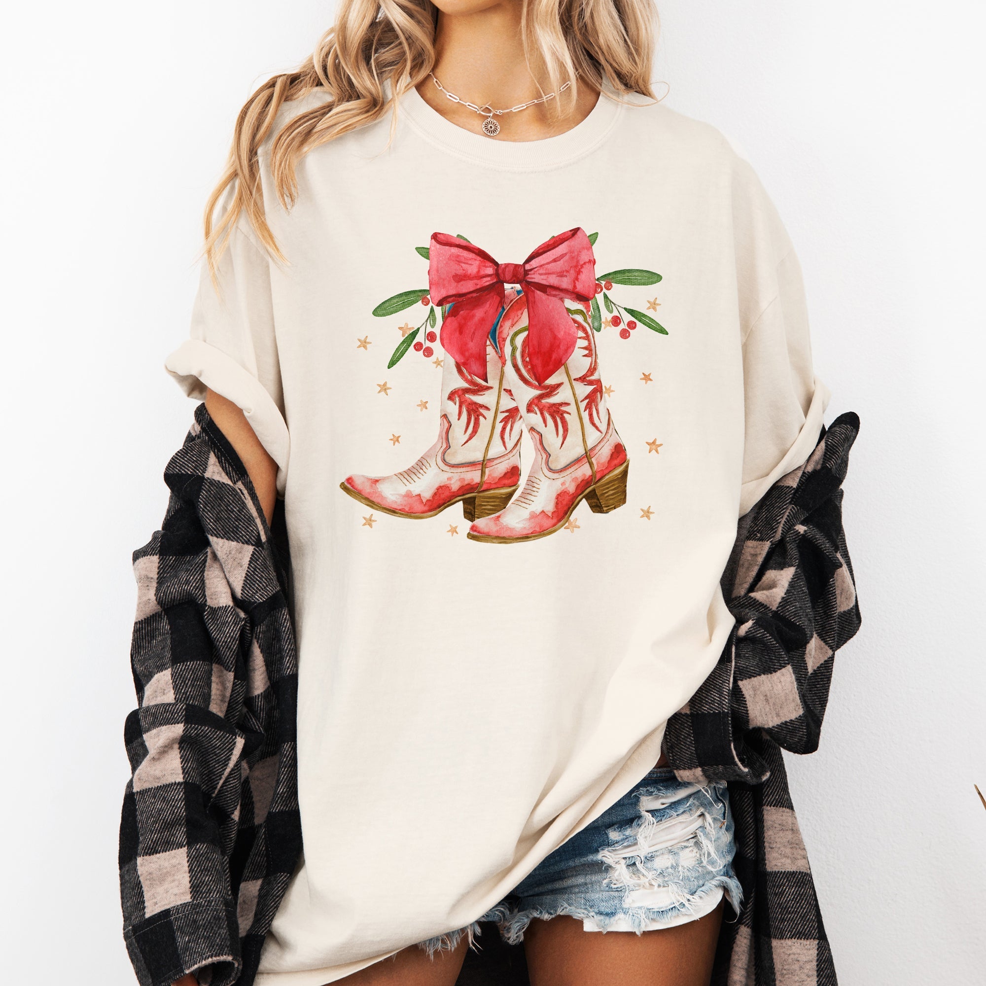 Cowgirl Boots Cowboy Bows Mistletoe Christmas Santa Country Western Xmas Comfort Colors Tee