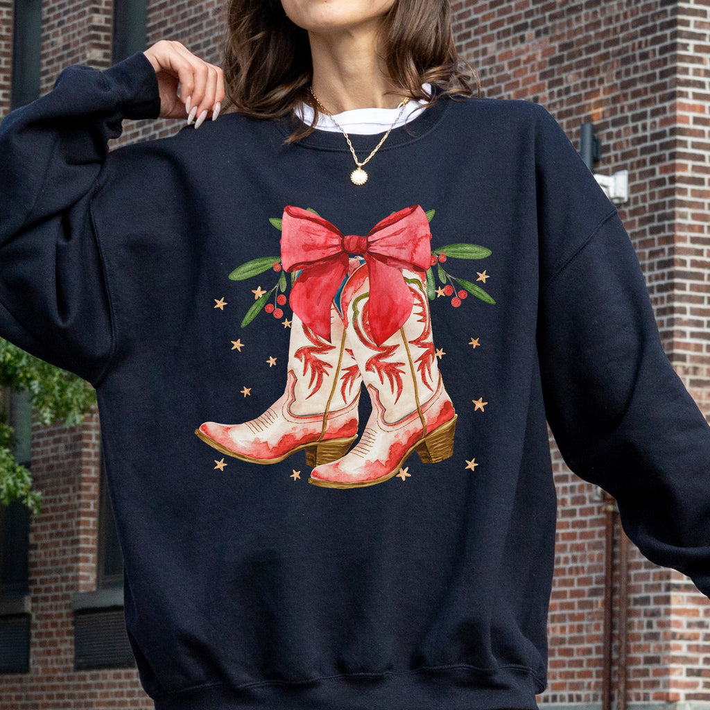 Cowgirl Boots Cowboy Bows Mistletoe Christmas Santa Country Western Style Sweatshirt