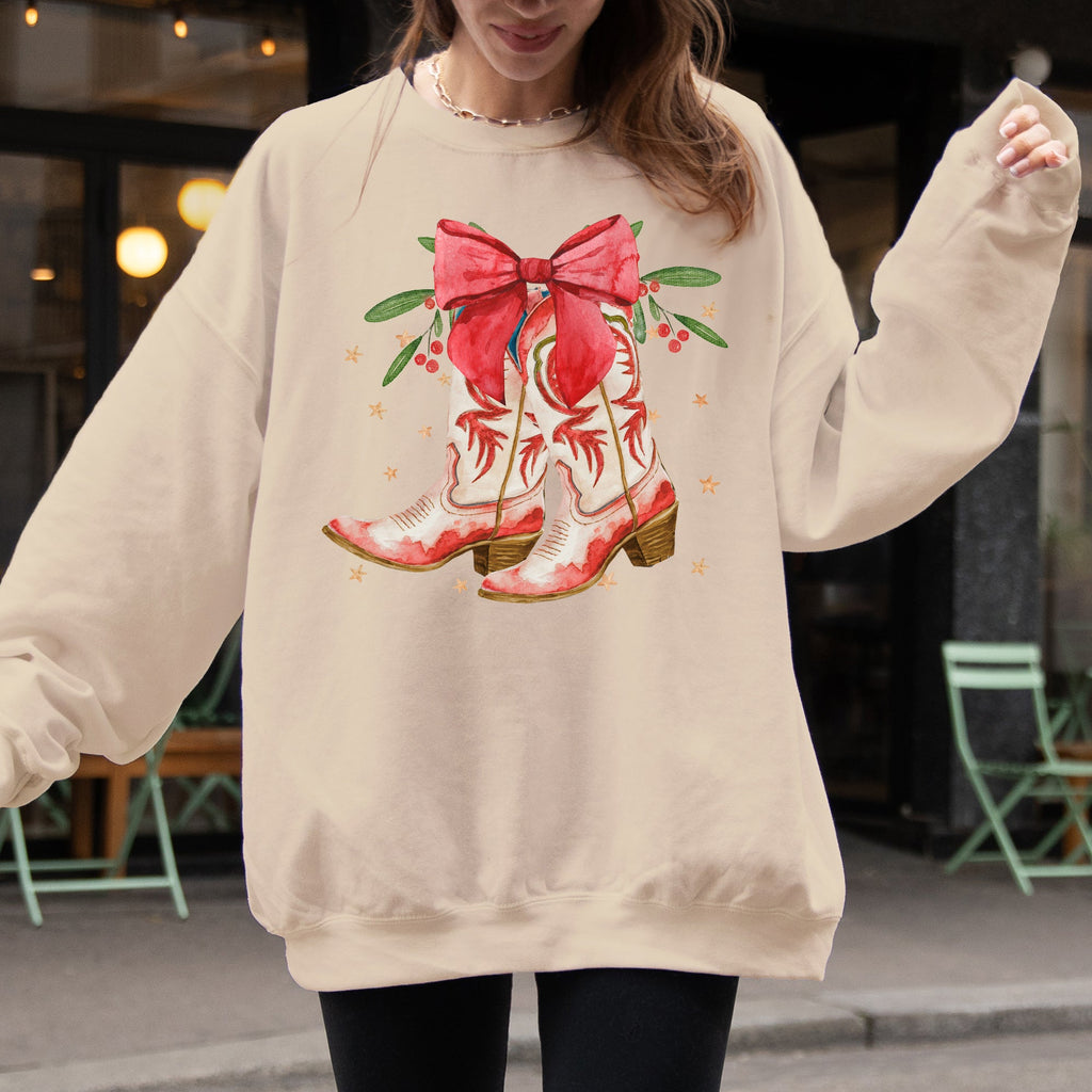 Cowgirl Boots Cowboy Bows Mistletoe Christmas Santa Country Western Style Sweatshirt