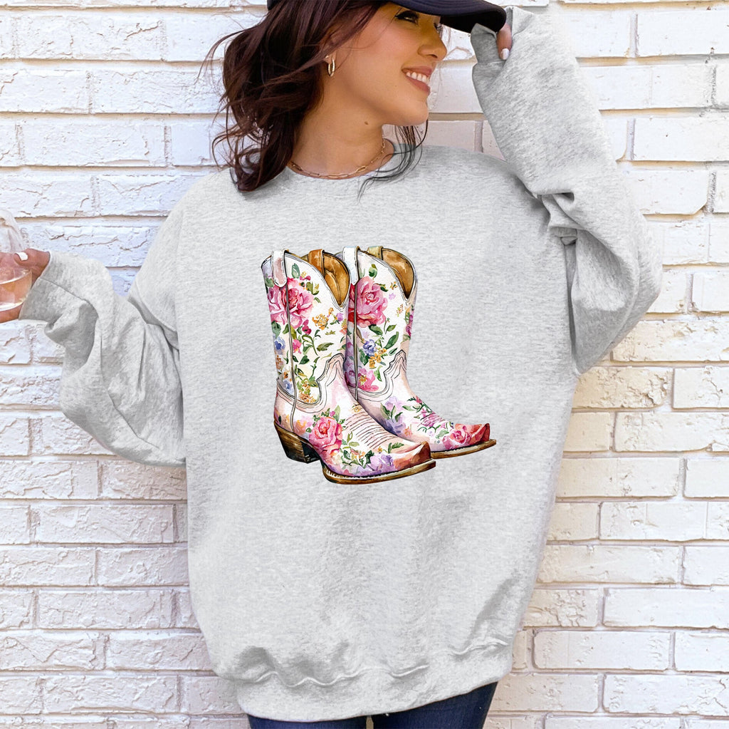 Cowgirl Boots Pink Floral Colorful Western Country Inspired Graphic Boho Style Sweatshirt