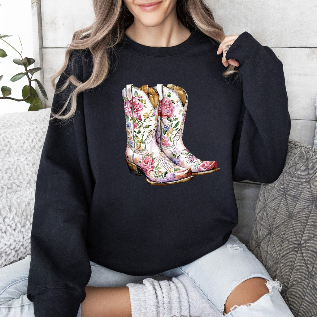 Cowgirl Boots Pink Floral Colorful Western Country Inspired Graphic Boho Style Sweatshirt