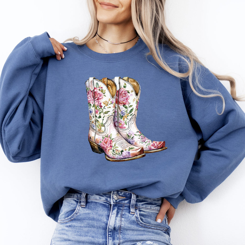 Cowgirl Boots Pink Floral Colorful Western Country Inspired Graphic Boho Style Sweatshirt