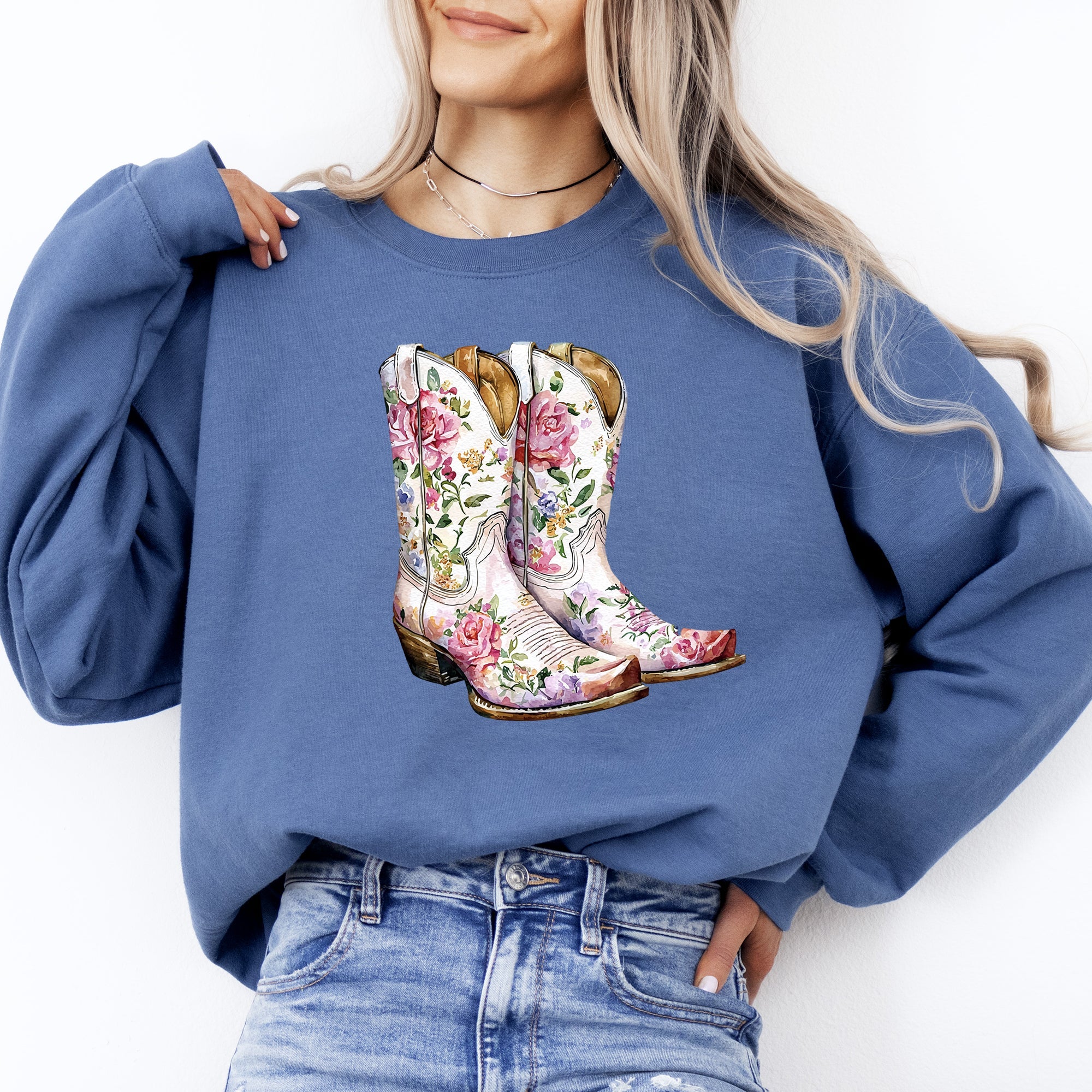 Cowgirl Boots Pink Floral Colorful Western Country Inspired Graphic Boho Style Sweatshirt