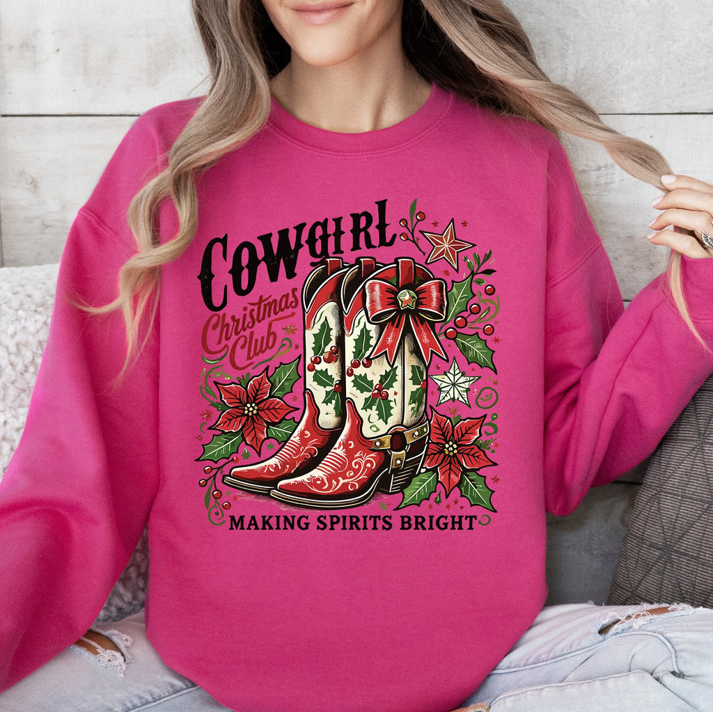 Cowgirl Christmas Club, Cowboy Boots, Western Santa, Flowers And Festive Western Flair For The Holidays Sweatshirt