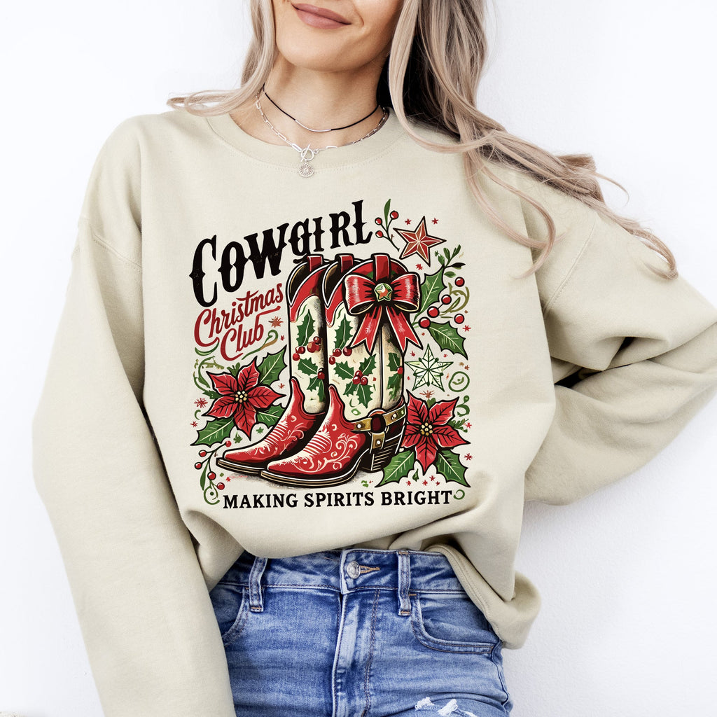 Cowgirl Christmas Club, Cowboy Boots, Western Santa, Flowers And Festive Western Flair For The Holidays Sweatshirt