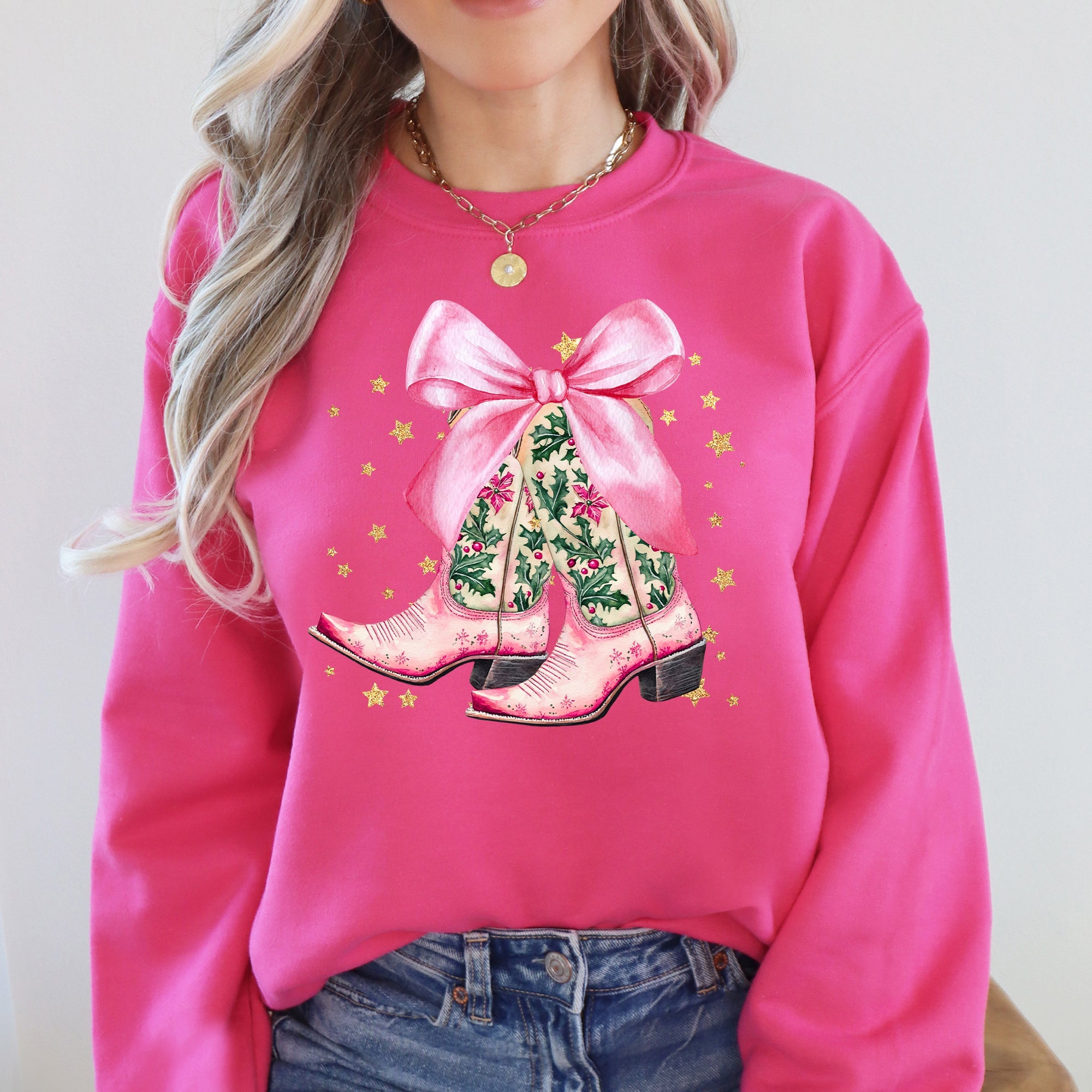 Cowgirl Christmas Cowboy Boots Santa Ribbons Bows Western Country Holiday Sweatshirt
