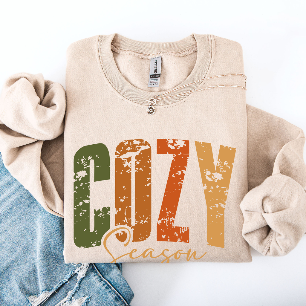 Cozy Season Fall Vibes Retro Varsity Autumn Pumpkin Floral Sunflower Motif Vintage Lettering Sweatshirt