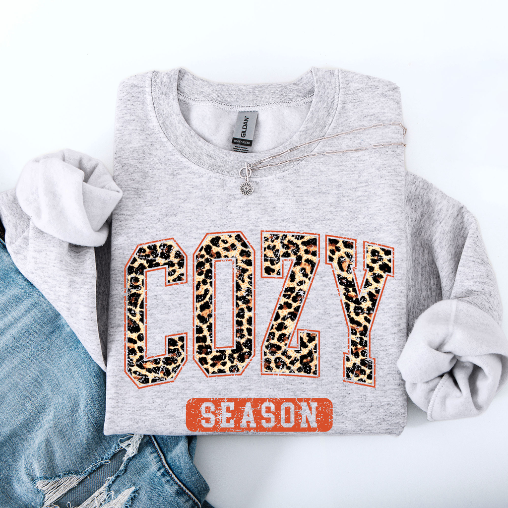 Cozy Season Leopard Print Autumn Florals Sunflowers Pumpkins Halloween Inspired Sweatshirt