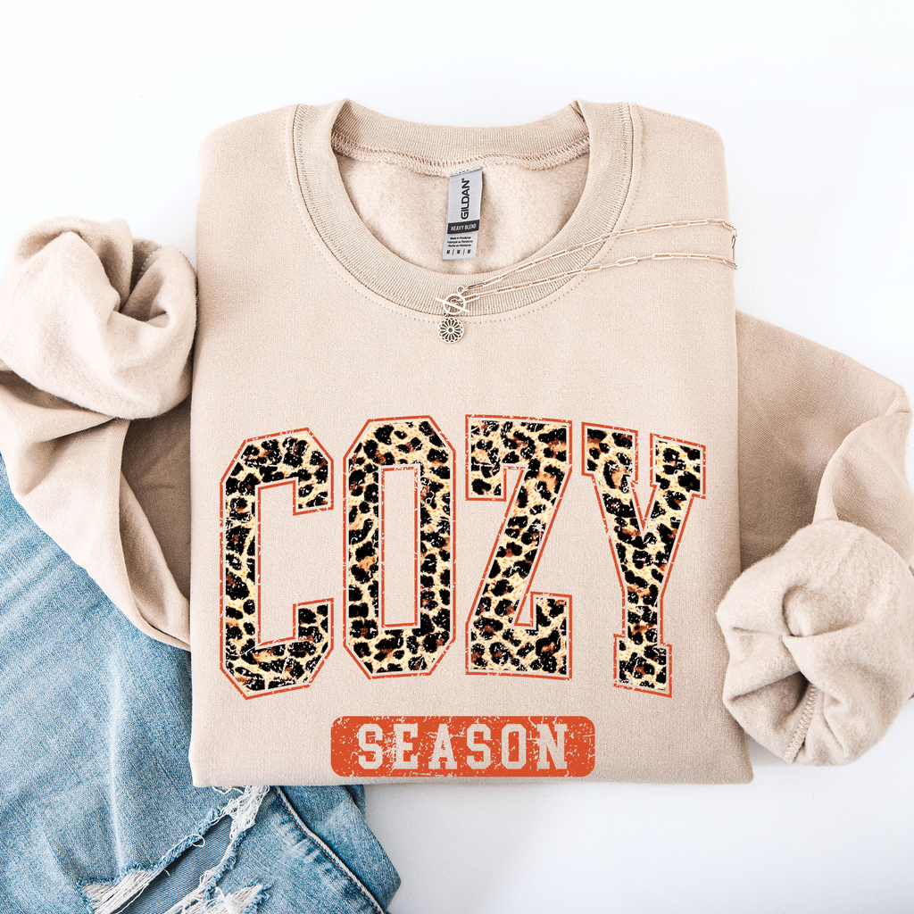Cozy Season Leopard Print Autumn Florals Sunflowers Pumpkins Halloween Inspired Sweatshirt