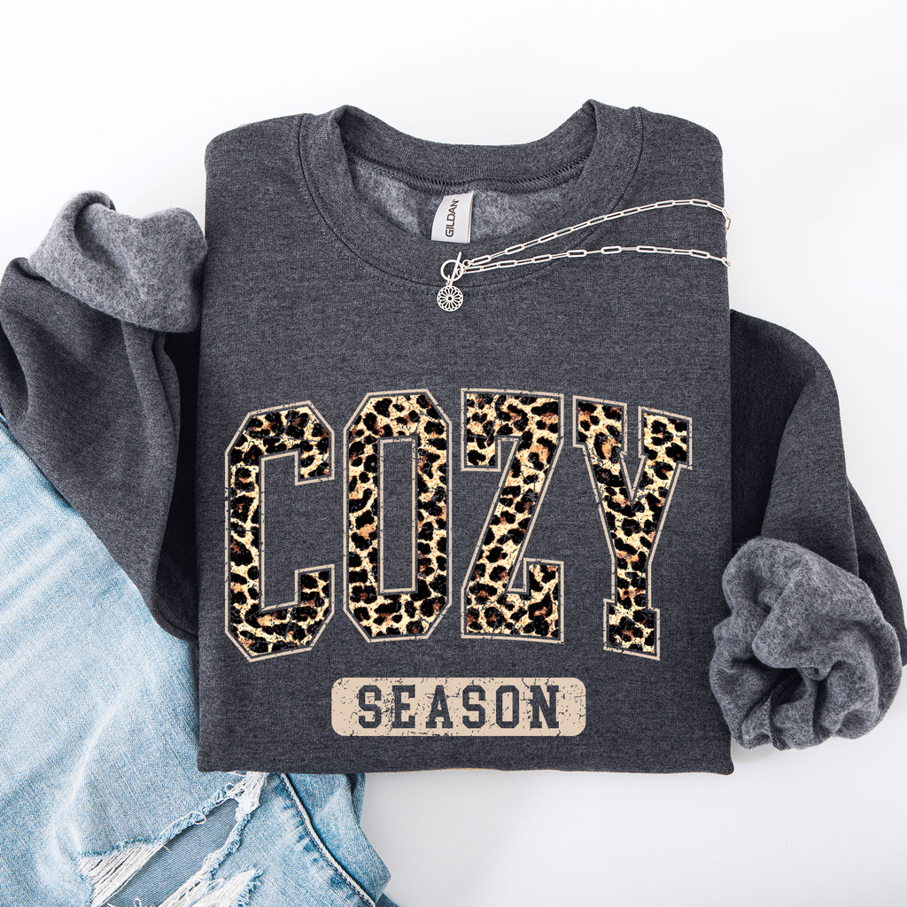 Cozy Season Leopard Print Autumn Florals Sunflowers Pumpkins Halloween Inspired Sweatshirt