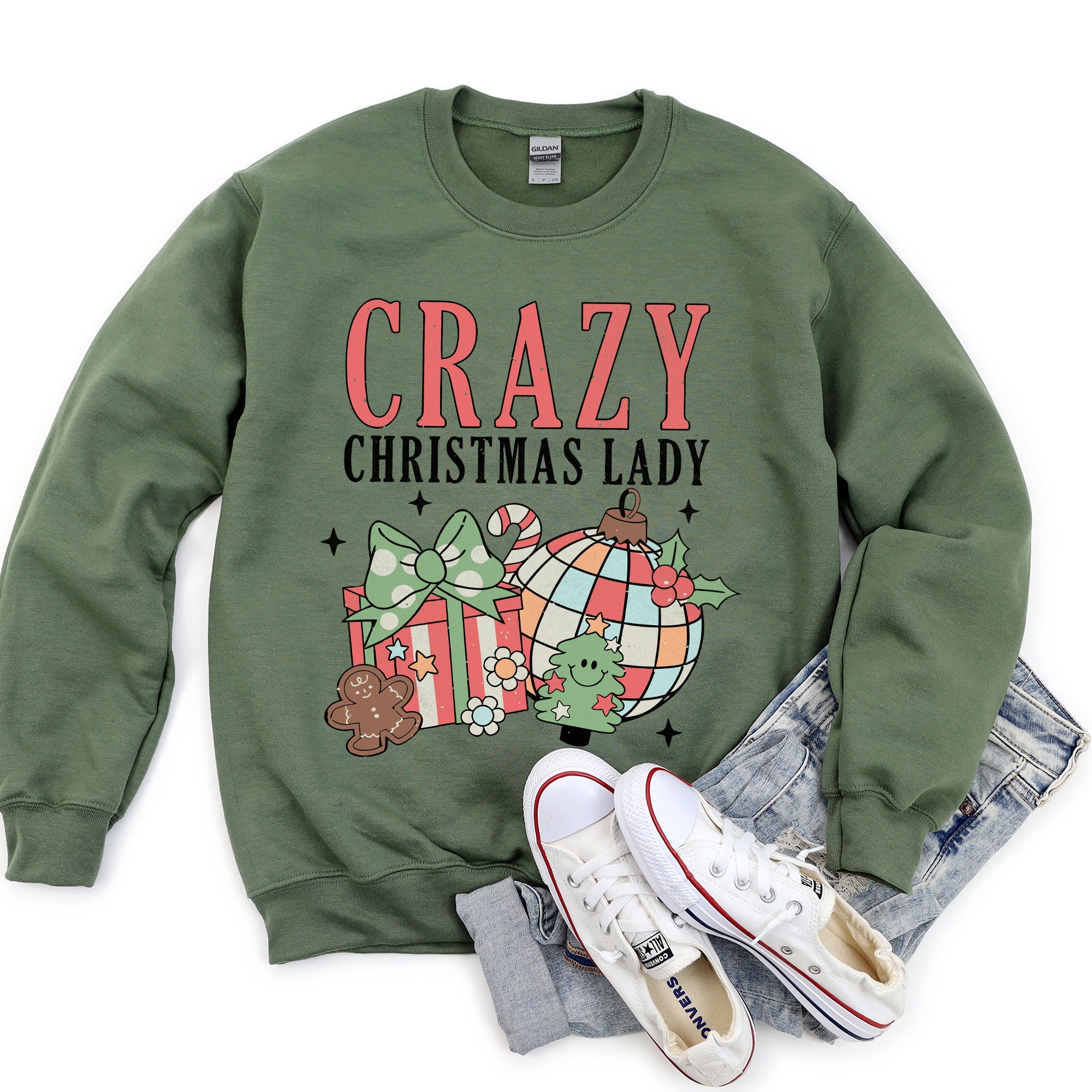 Crazy Christmas Lady Retro Festive Snowflake Print And Jolly Ornament Artwork Graphic Sweatshirt