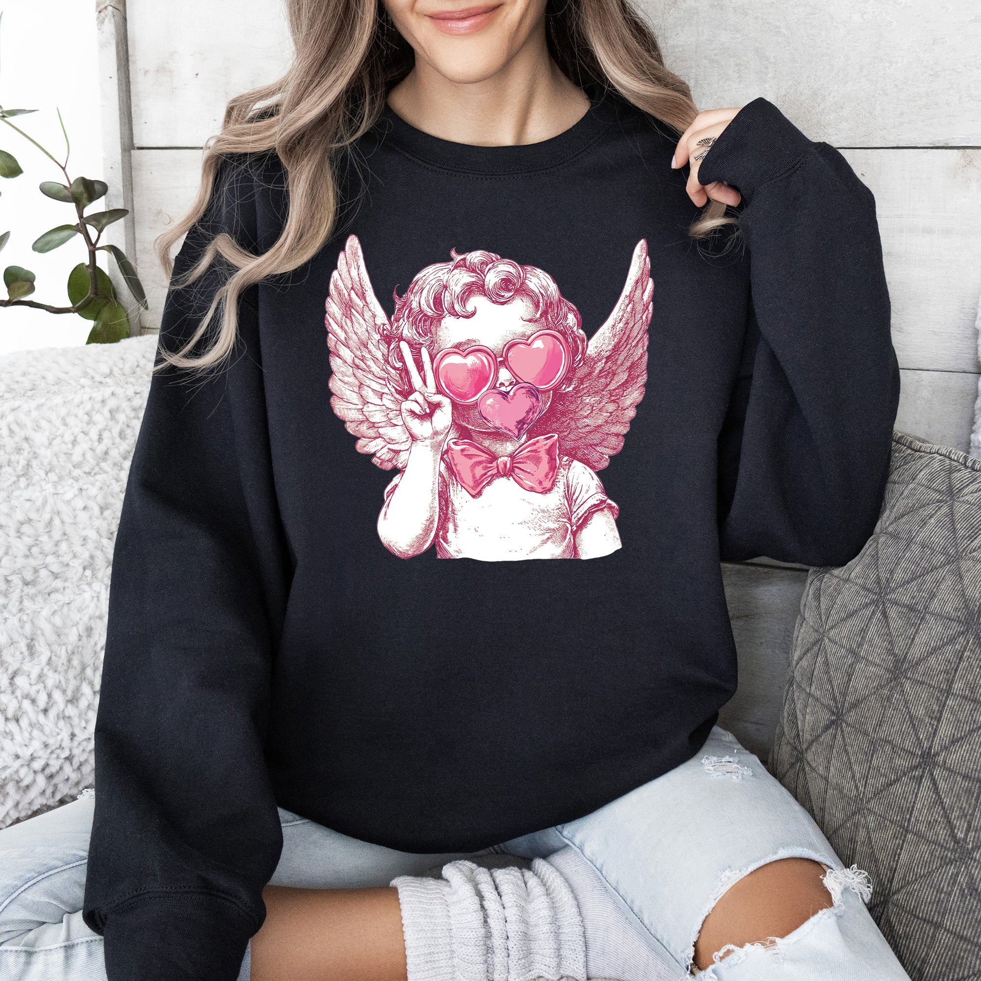 Cupid Peace Sunglasses Wings Valentine's Day Love Illustrated Graphic Sweatshirt