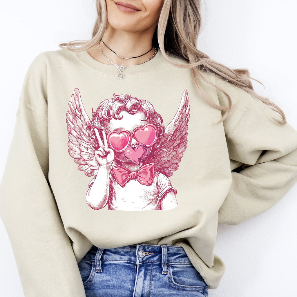 Cupid Peace Sunglasses Wings Valentine's Day Love Illustrated Graphic Sweatshirt