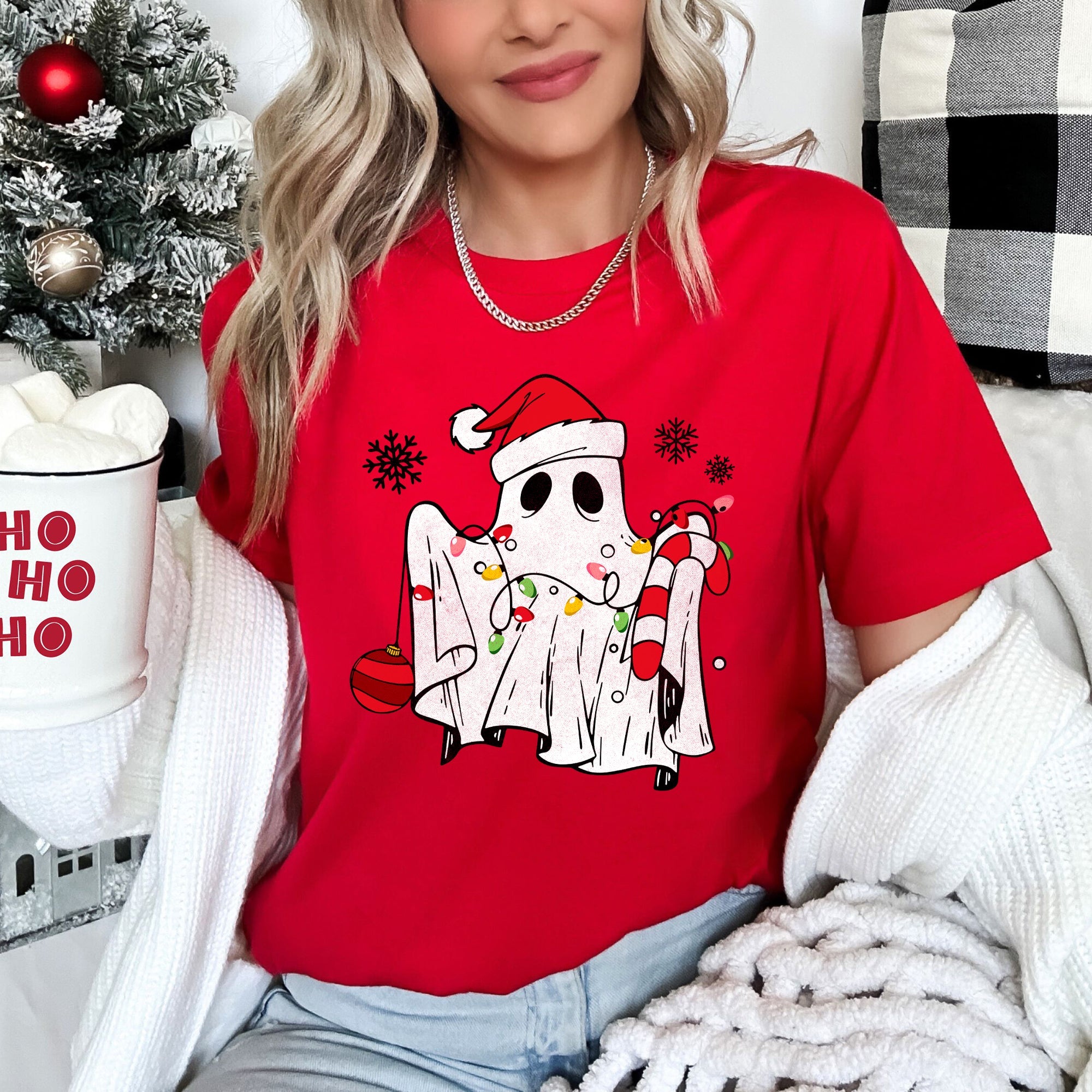 Cute Ghost Christmas Cozy Holiday Season Festive Nighttime Spooky Fun Soft Comfy Everyday Wear Graphic Tee