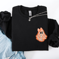 Cute Coquette Faux Lace Ghost Halloween Inspired Vintage Charm Graphic Boho Cozy Pocket Sweatshirt