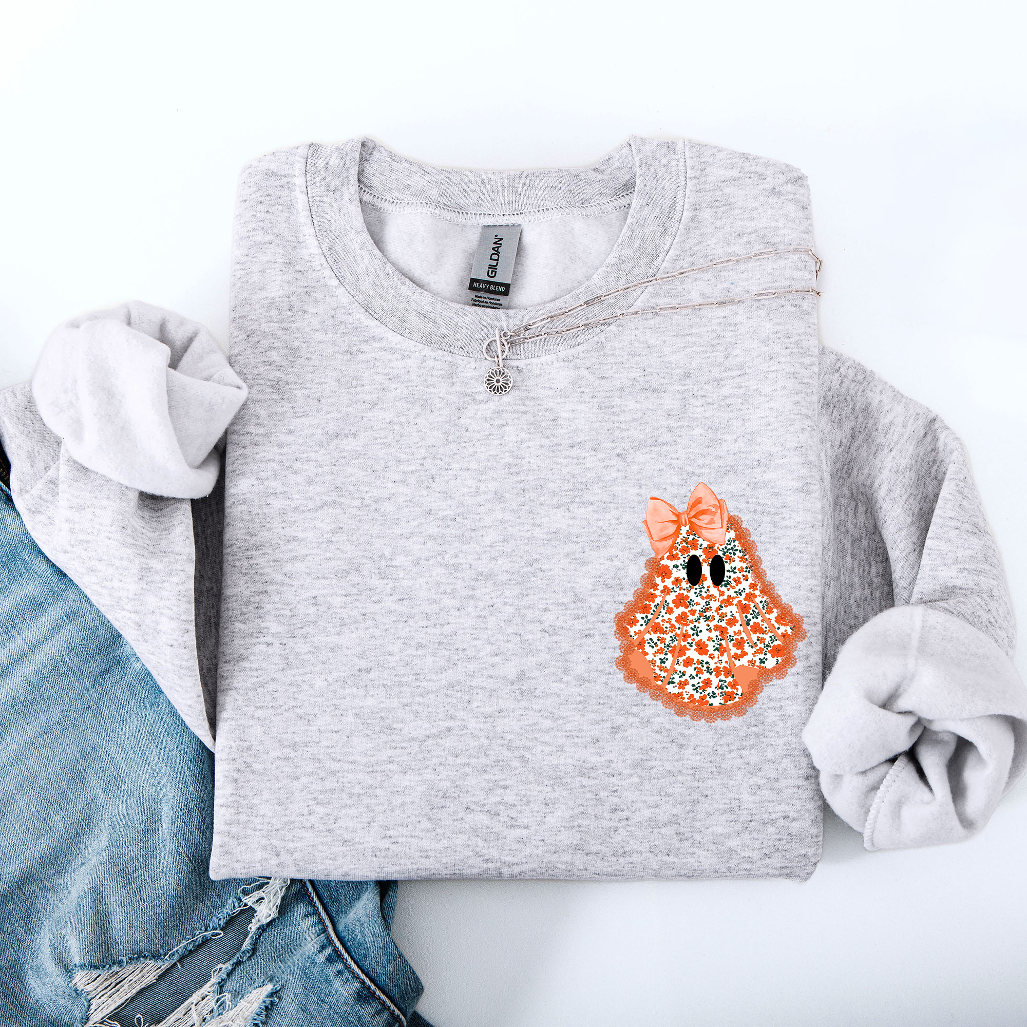 Cute Coquette Faux Lace Ghost Halloween Inspired Vintage Charm Graphic Boho Cozy Pocket Sweatshirt