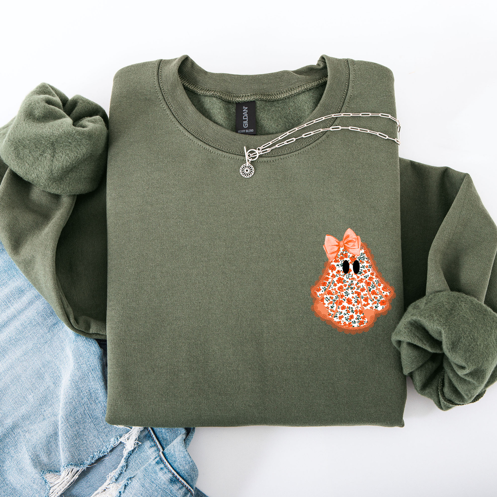 Cute Coquette Faux Lace Ghost Halloween Inspired Vintage Charm Graphic Boho Cozy Pocket Sweatshirt