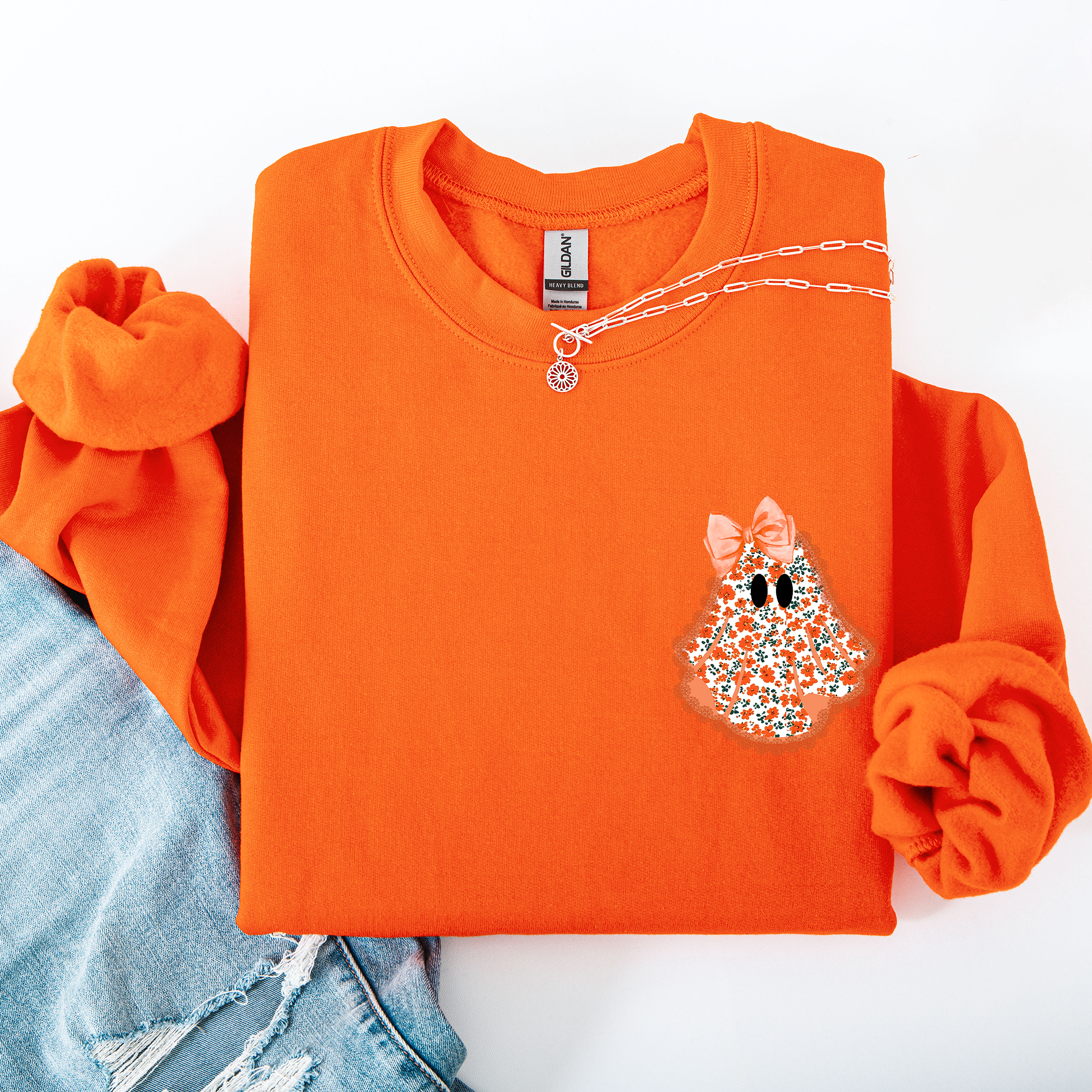 Cute Coquette Faux Lace Ghost Halloween Inspired Vintage Charm Graphic Boho Cozy Pocket Sweatshirt
