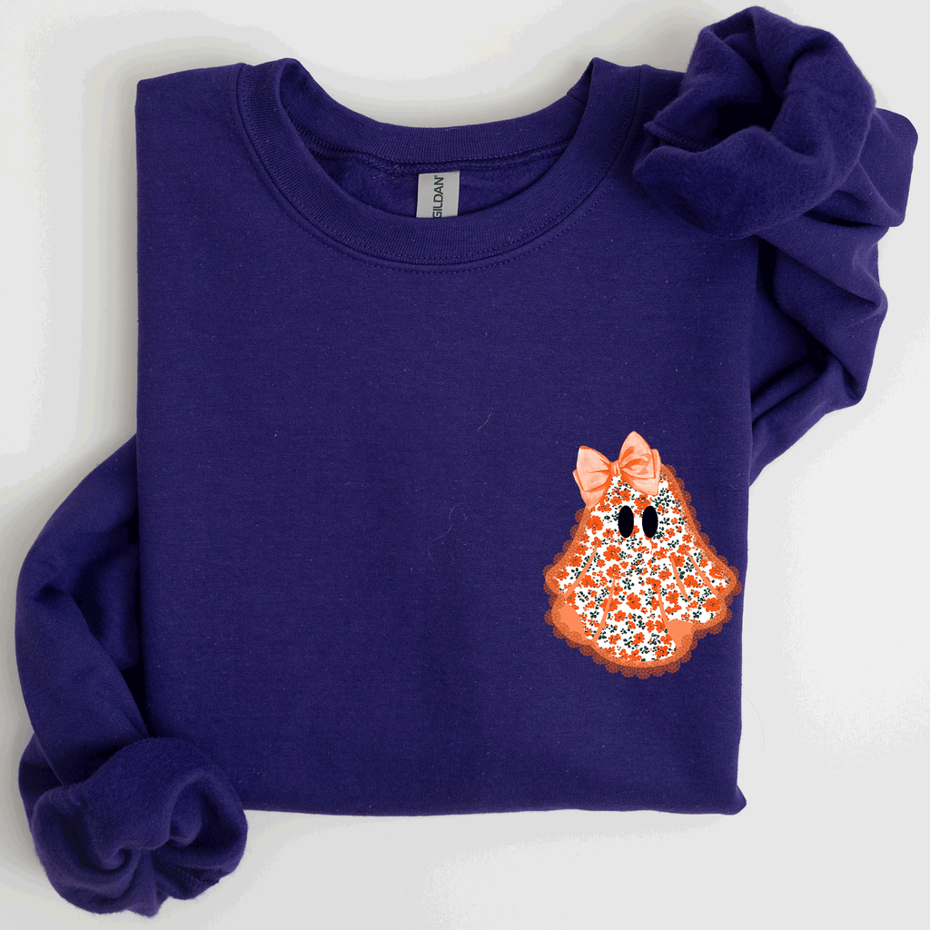 Cute Coquette Faux Lace Ghost Halloween Inspired Vintage Charm Graphic Boho Cozy Pocket Sweatshirt