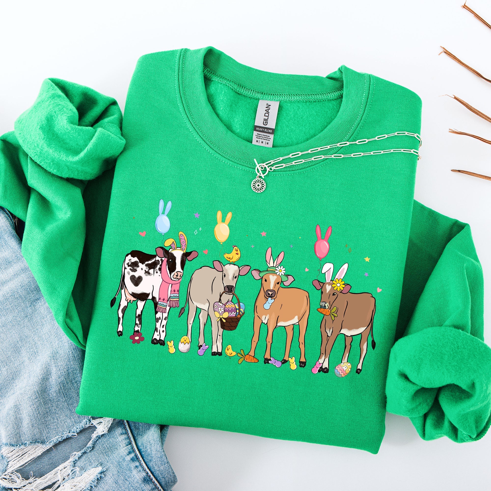 Cute Cows Easter Bunny Jesus Rabbit Holiday Seasonal Festive Family Celebration Sweatshirt